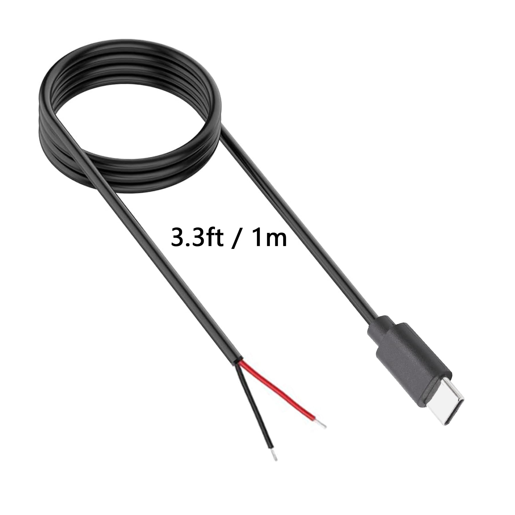 USB-Typ-C-Pigtail-Kabel-Verlängerungskabel, 22 AWG, 24 V, 12 V, 9 V, 5 V, 3 A, USB-C-Stecker auf 2-poligen blanken Draht, offenes Ende, Stecker für Heimwerker, 1 m, 6 Stück (Typ C-Stecker)