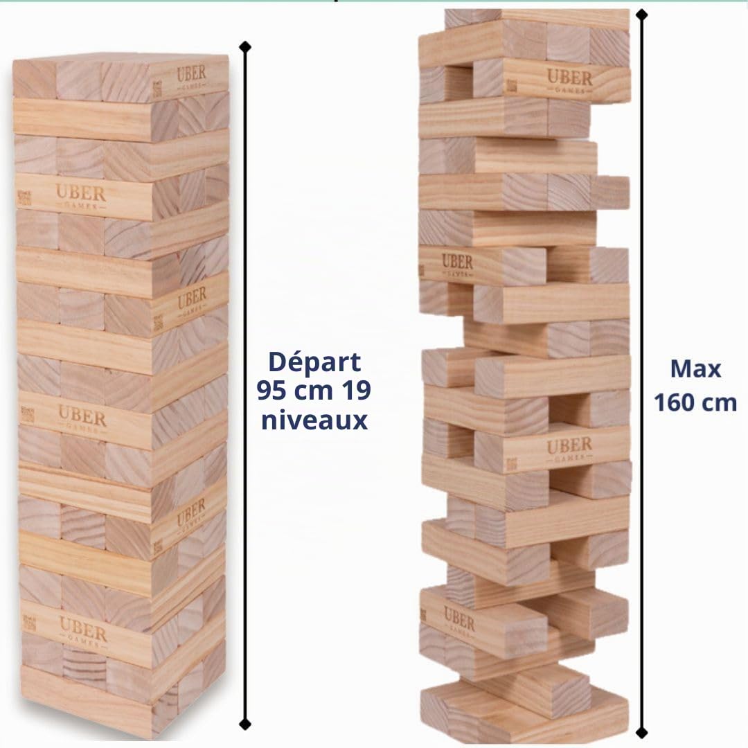 Ubergames Tour mobile géante jusqu'à 160 cm + XXL Jumbo Hi-Tower dans sac – 1,6 m (max dans le jeu. Jeu de tour en bois de pin massif – blocs de luxe supplémentaires et sac (jusqu'à 160 + cm)