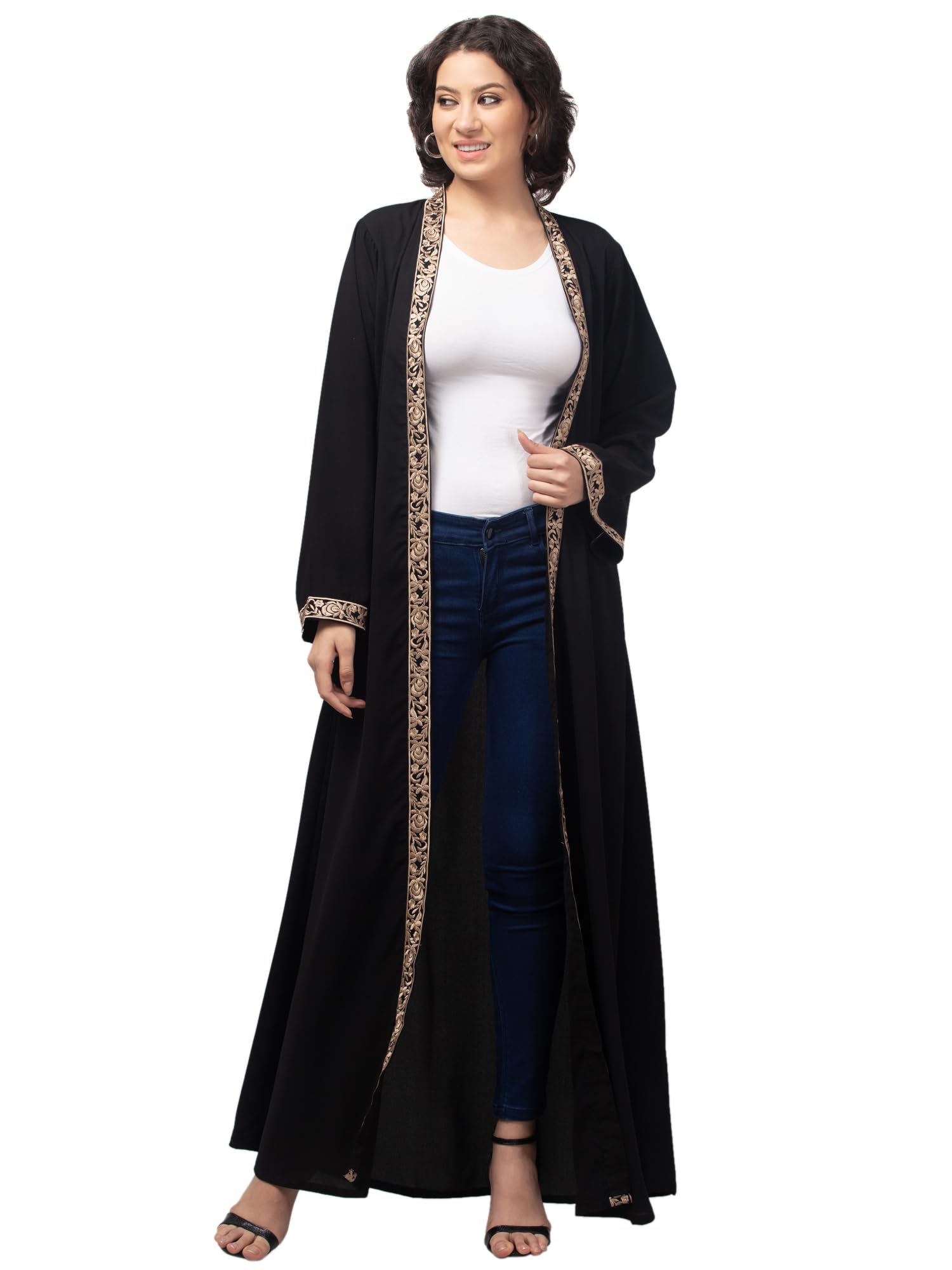 Women's Black Open Front Abaya Shrug with Gold Floral Embroidered Border, Full Length Kimono Style Cardigan-image-17