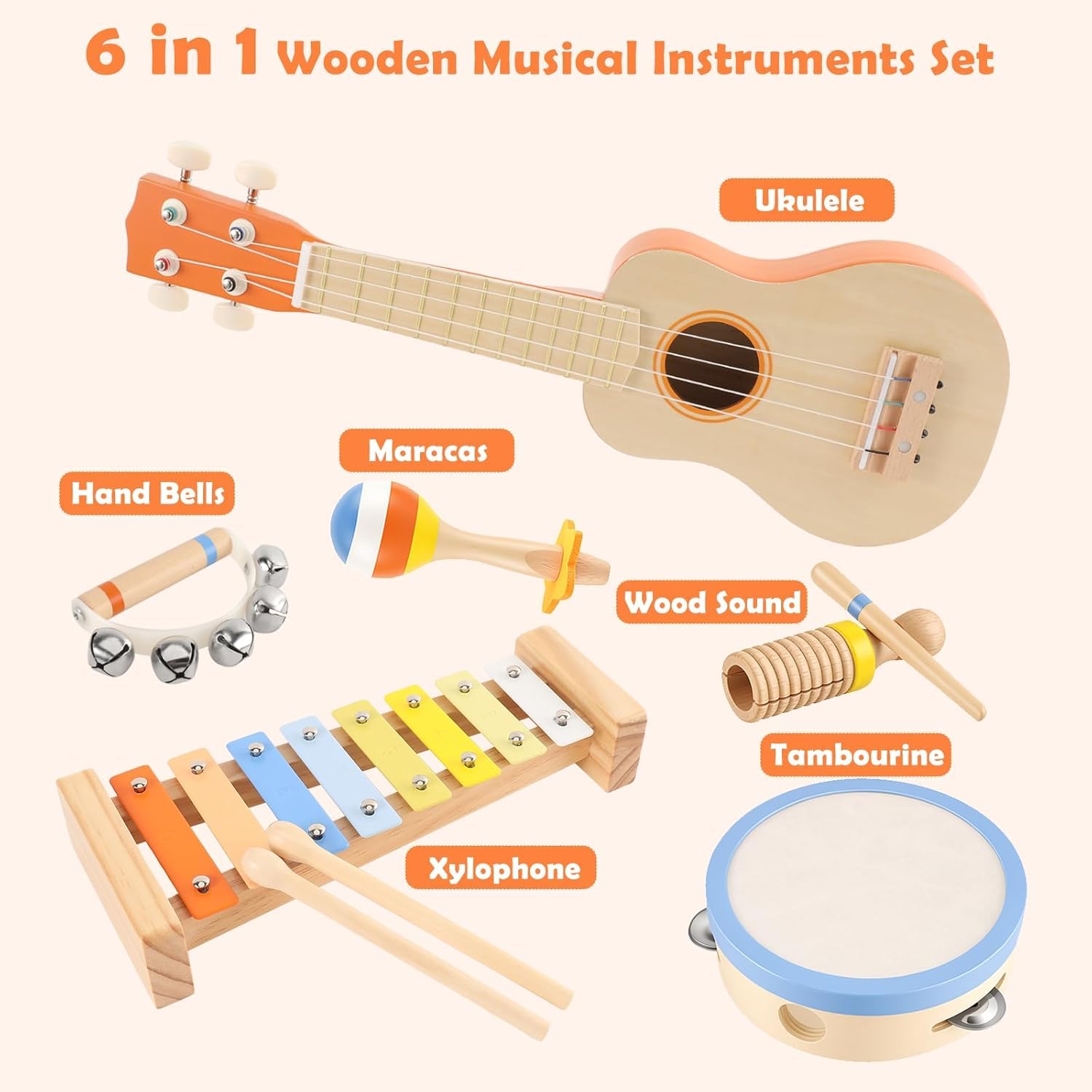 Montessori zestaw gitarowy dla dzieci, 6 w 1, drewniane instrumenty muzyczne dla małych dzieci w wieku od 2 do 3 lat, z ukulele, ksylofonem, tamburynem i marakasami, na urodziny dzieci od 2 lat