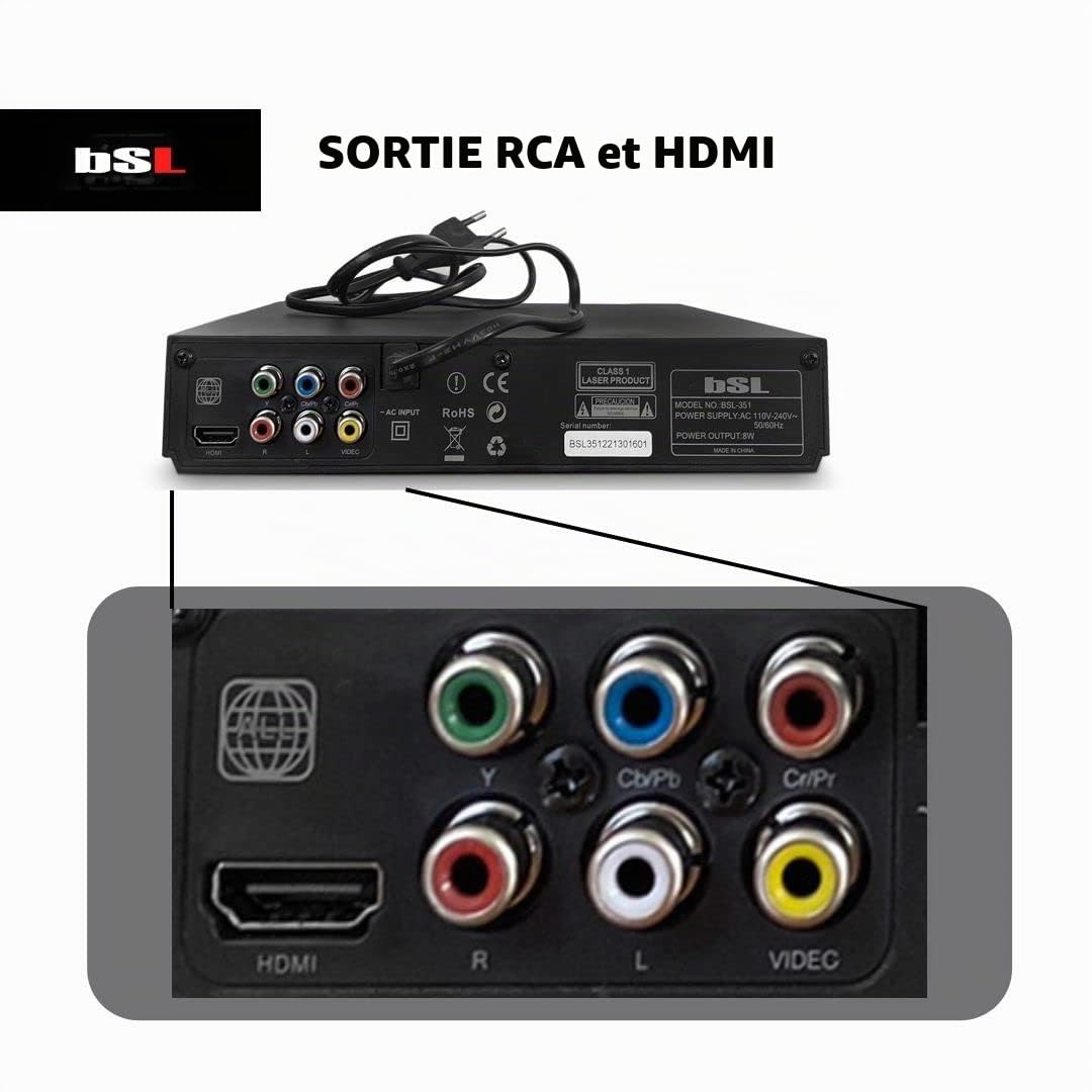Lecteur DVD BSL-351 Multiformat DVD/CD | Lecteur USB multimédia | Sortie HDMI et AV (câble AV Inclus) | Télécommande | pour Toutes Les régions.