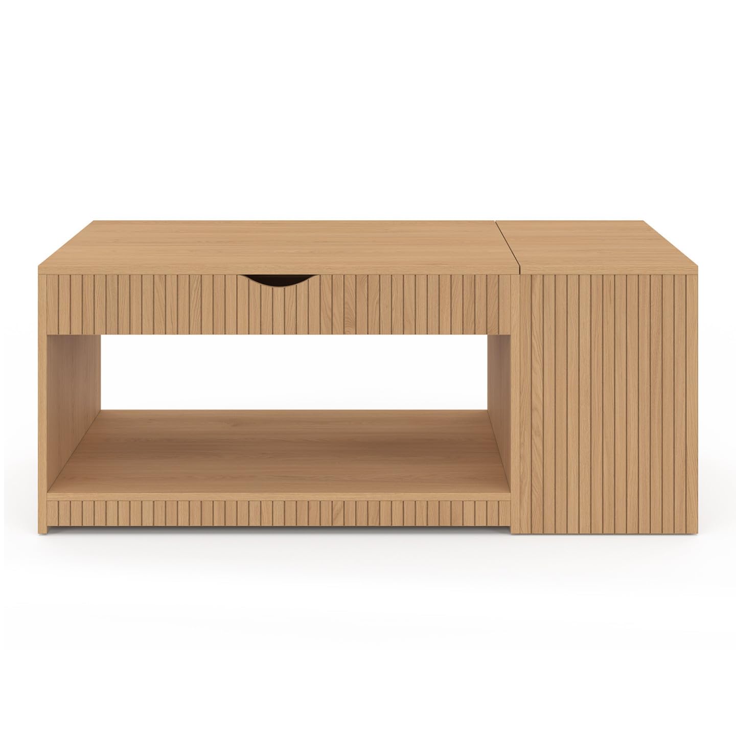IDMarket - Table Basse Plateau relevable rectangulaire Juliette avec Coffre Lattes tasseau Bois Coloris chêne