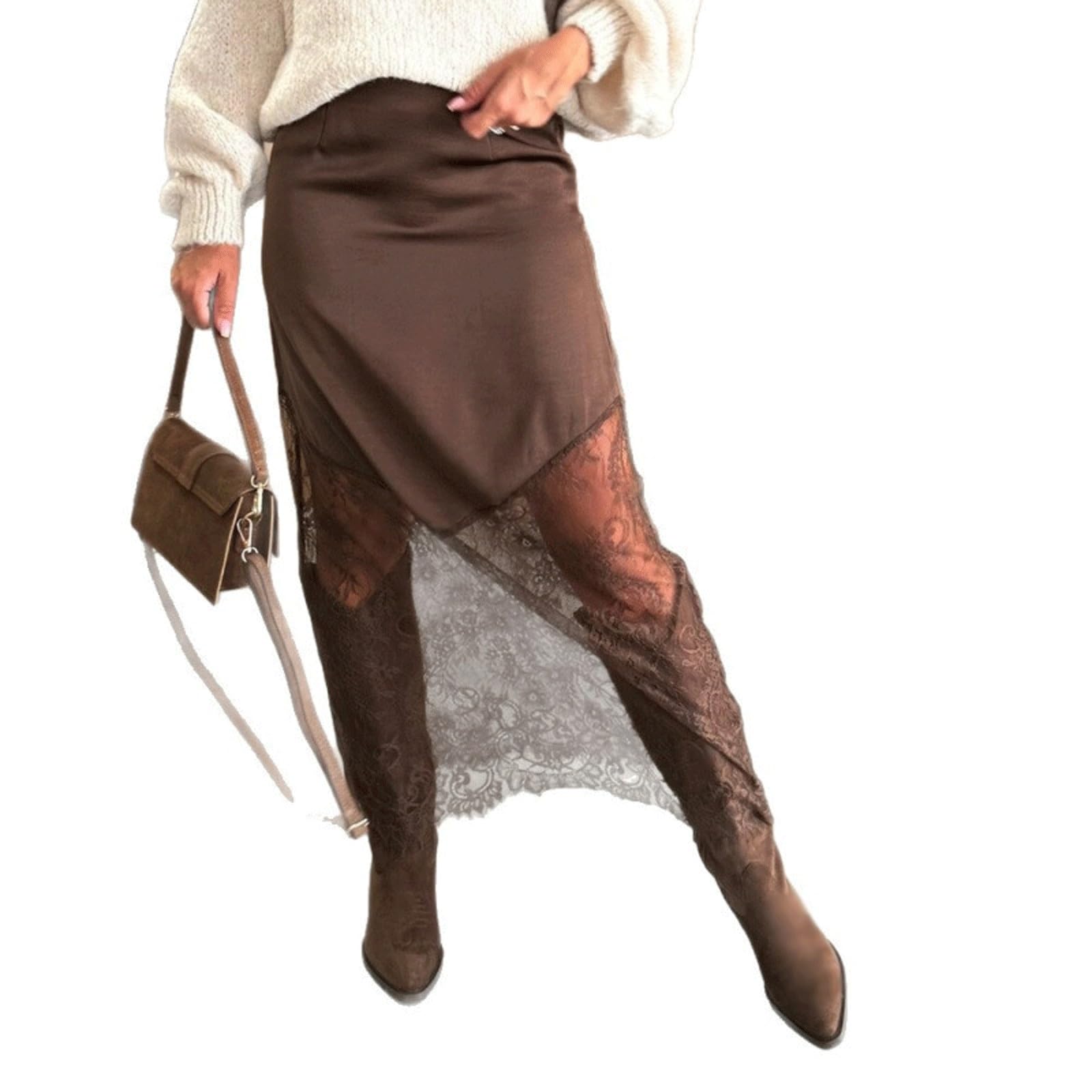 DUddTTW Zipper Women's Maxi Skirts Sexy Lace Ankle Length Swing Skirt Patchwork(Brown,Lagre)