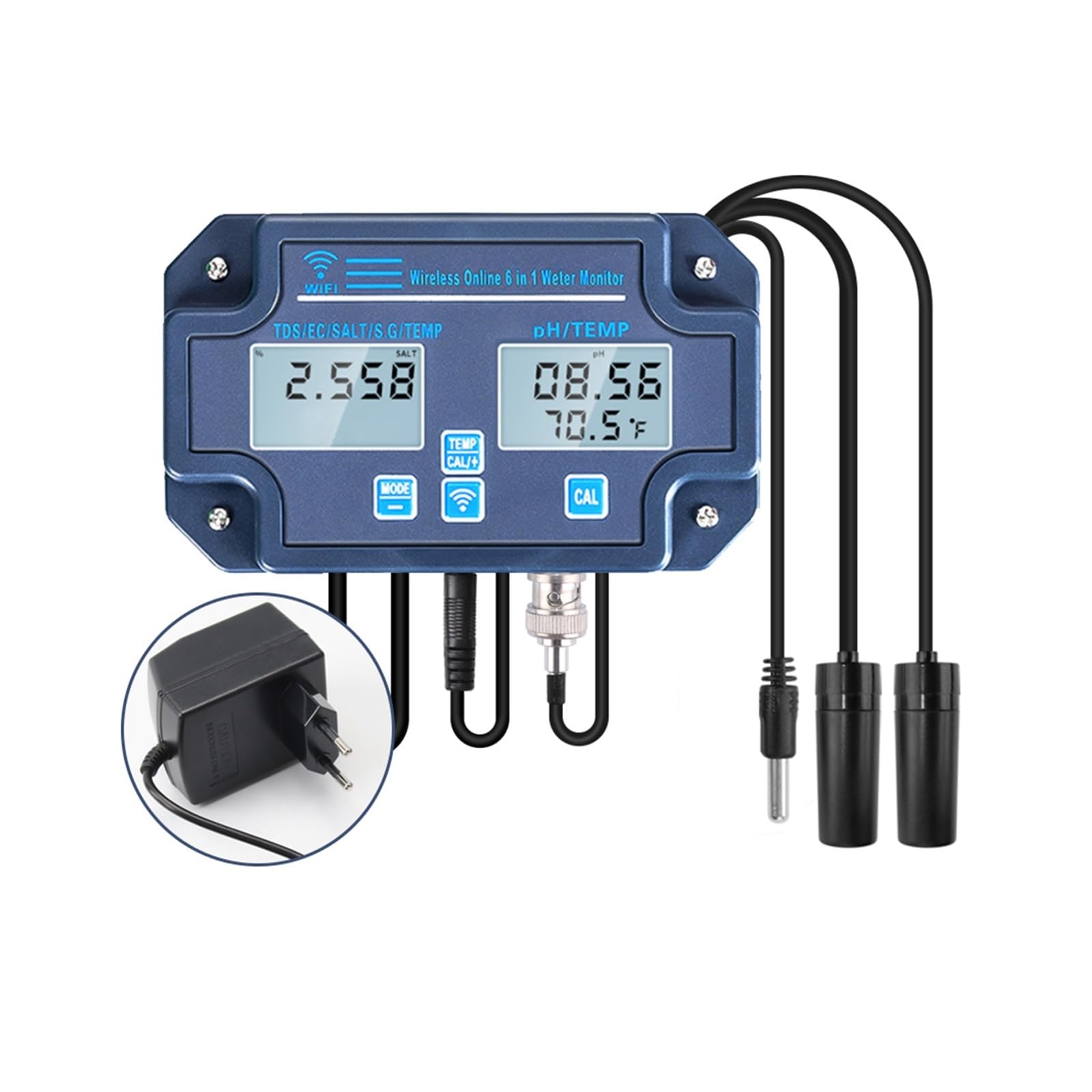 pH Mètre Compteur numérique PH EC TDS SALT SG.Temp, testeur de qualité de l'eau, enregistreur de données, moniteur intelligent 6 en 1, contrôle par application Tuya pour Hydroponie, Jardin, Piscine, A