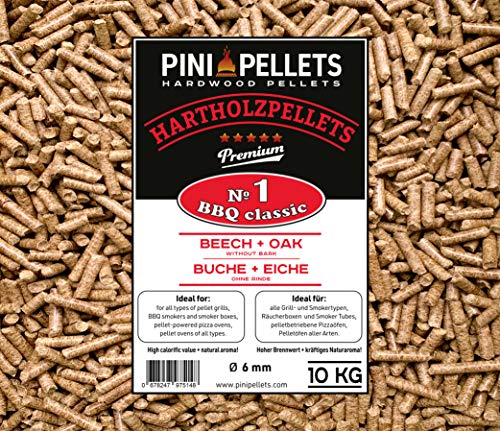 PINI Pellets de Madera Dura №1 BBQ Classic 10 Kg Gránulos de Parrilla para Asar, Fumar, también para hornos de Pizza operados con pellets