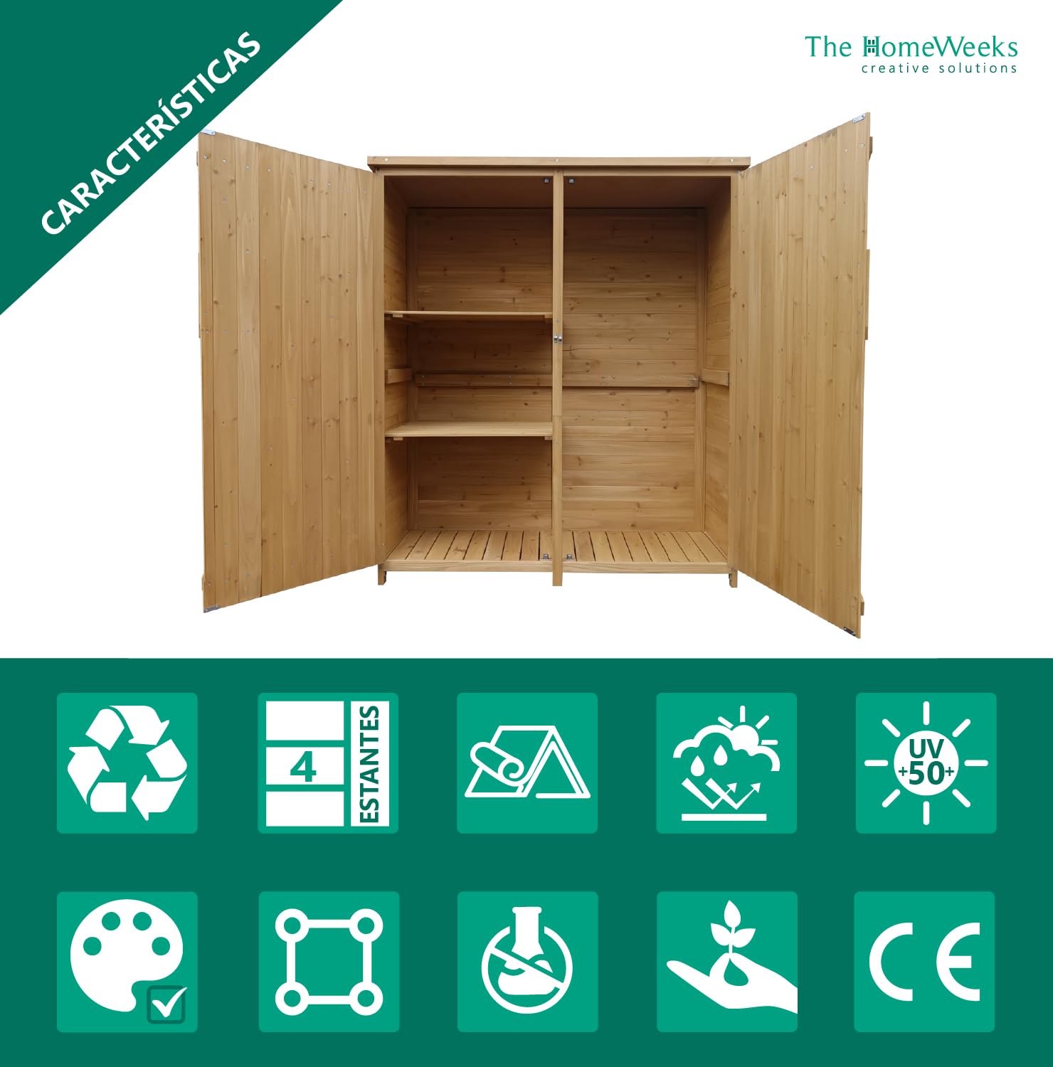 The Homeweeks Cobertizo Armario Jardín ISABA | Madera Tratada Maciza | 135 * 50 * 152cm. | Armario Multiusos Impermeable | Almacenamiento |Doble Puerta con Cerrojo | Cubierta Asfálto Impermeable