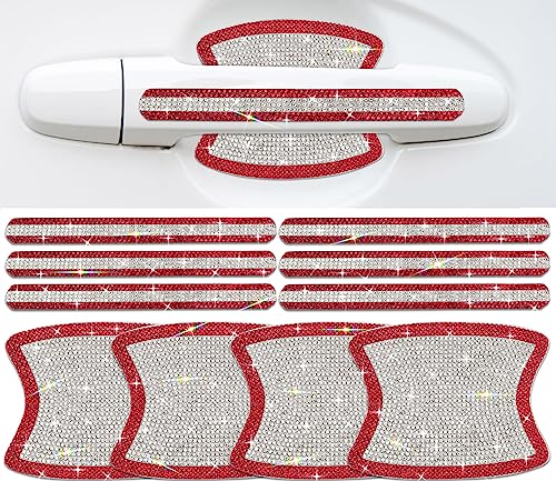 Gengki 10PCS Car Door Handle Bling Rhinestones Stickers, Red & Sliver