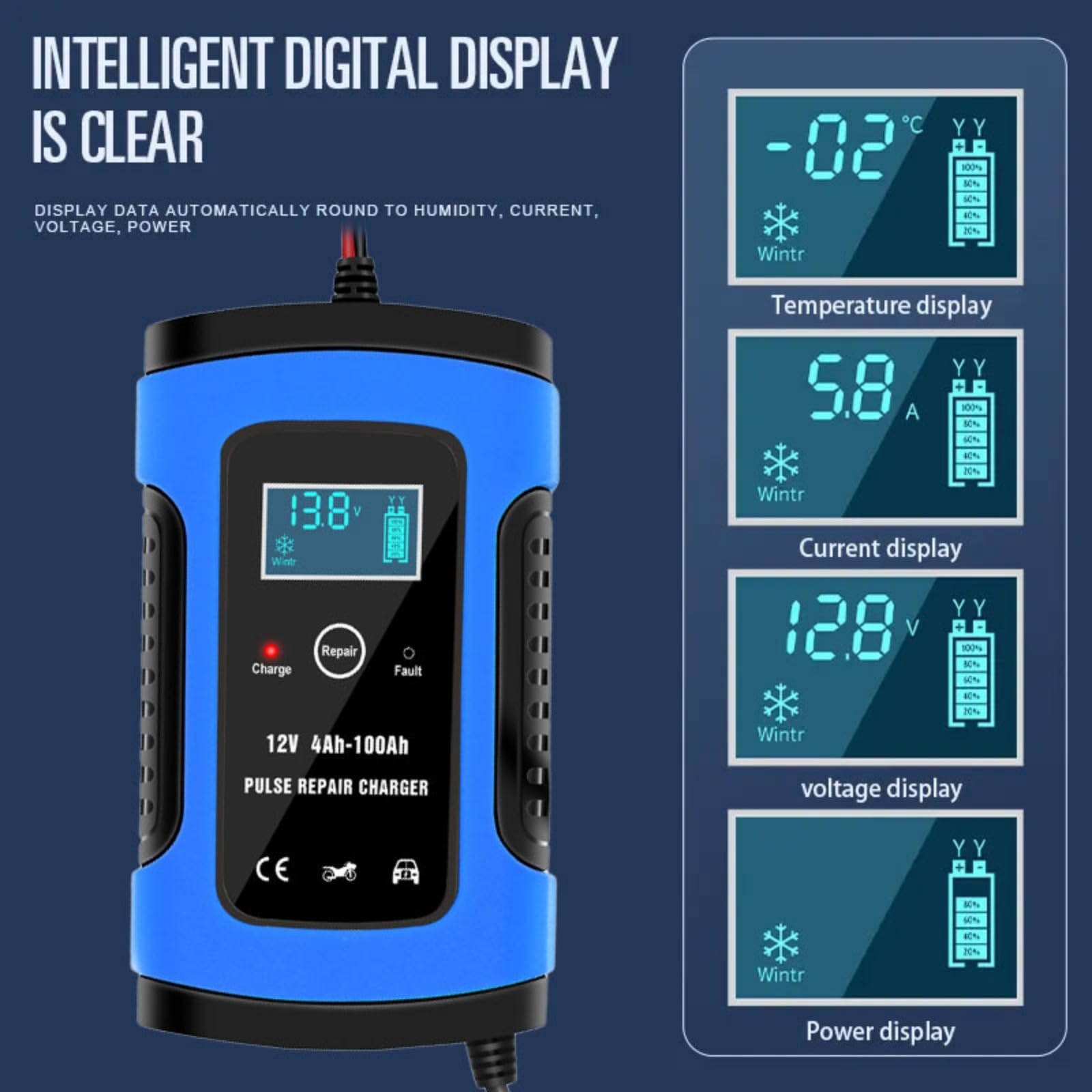 Cargador de batería de Coche Inteligente Totalmente automático con Enchufe UE de 12 V y 6 A, Cargador de Mantenimiento y reparación de pulsos para Coches, Motocicletas y embarcaciones