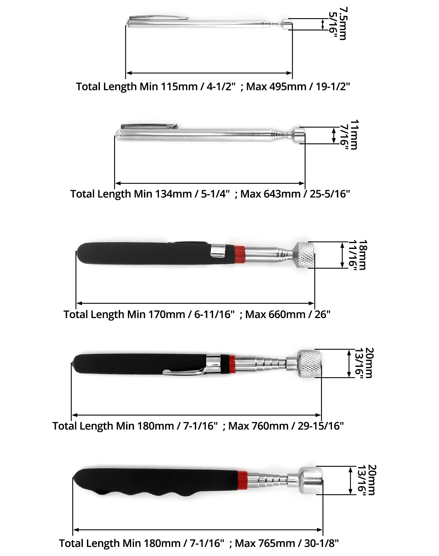 QWORK® 5 szt. Magnetyczny drążek teleskopowy, wysuwane narzędzie magnetyczne, stal nierdzewna, 1.5LB 3LB 10LB 15LB 20LB