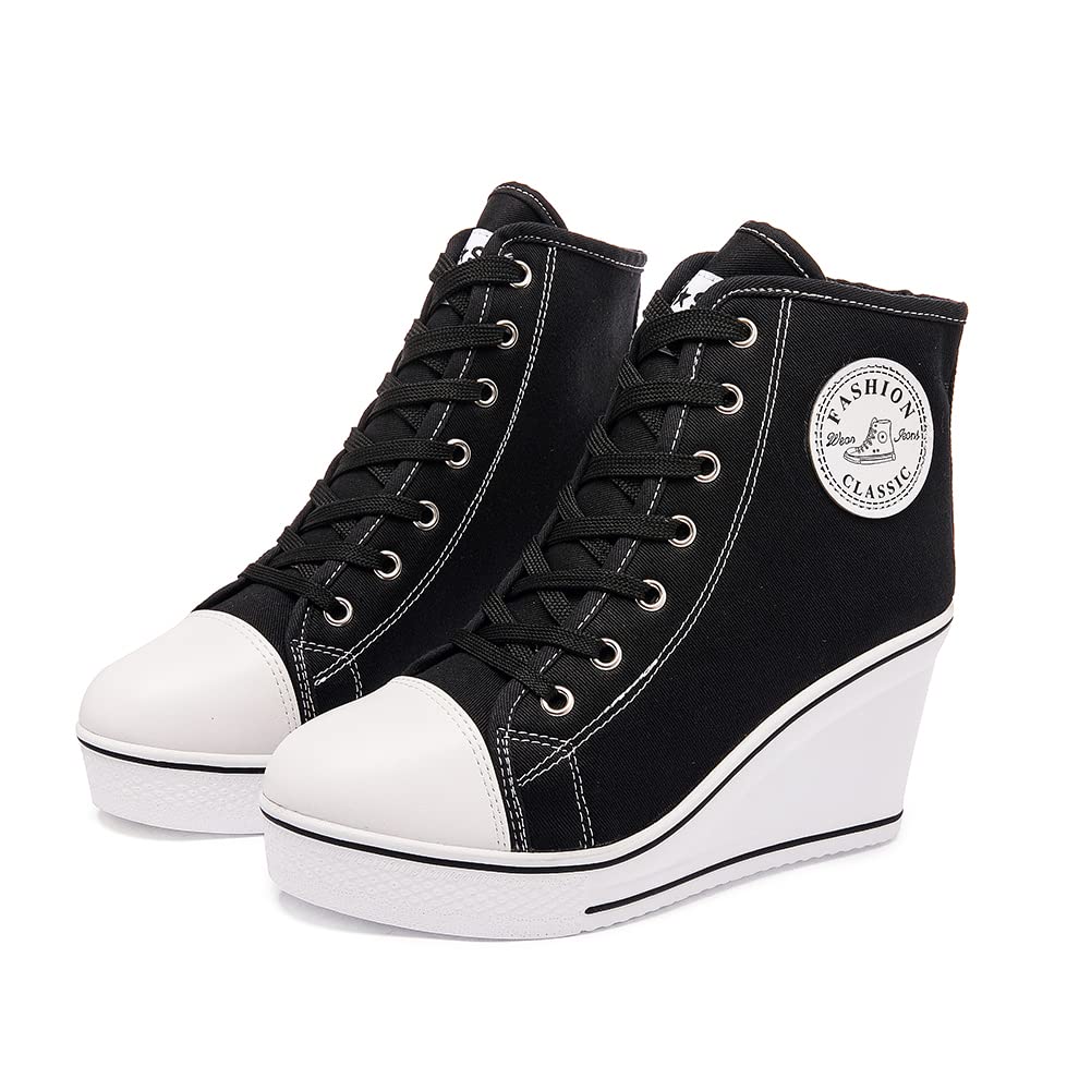 Mei MACLEODWomen's Canvas Shoes High Heel Wedge Sneakers High Top Sneakers Casual Lace Up Shoes for Teen Girls College Student