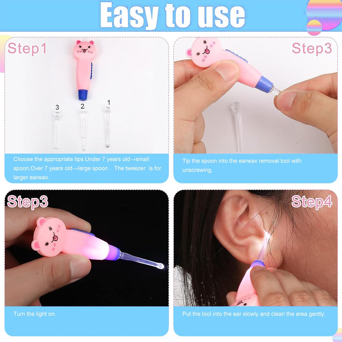 Cuillère de Nettoyant Oreille Lumineux, Ear Curette LED, Curette Oreille Enfant, Cuillère de Nettoyage de Nettoyage avec Lumière Cuillère Creuser Outil de Soins de L'oreille pour Enfant Adulte