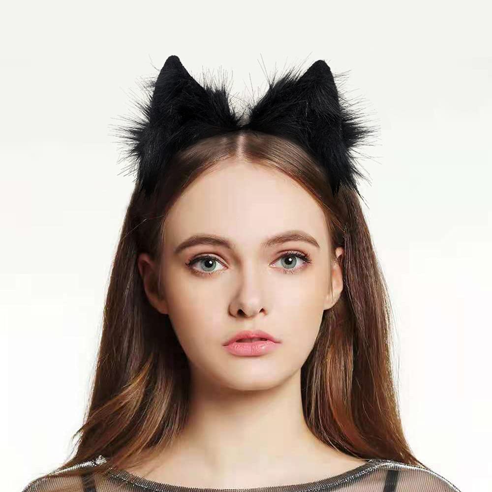GaliaFaya Cat Wolf Fox Dog Ears Headband Handmade Faux fur Cosplay Halloween Costume Party: Pure Black