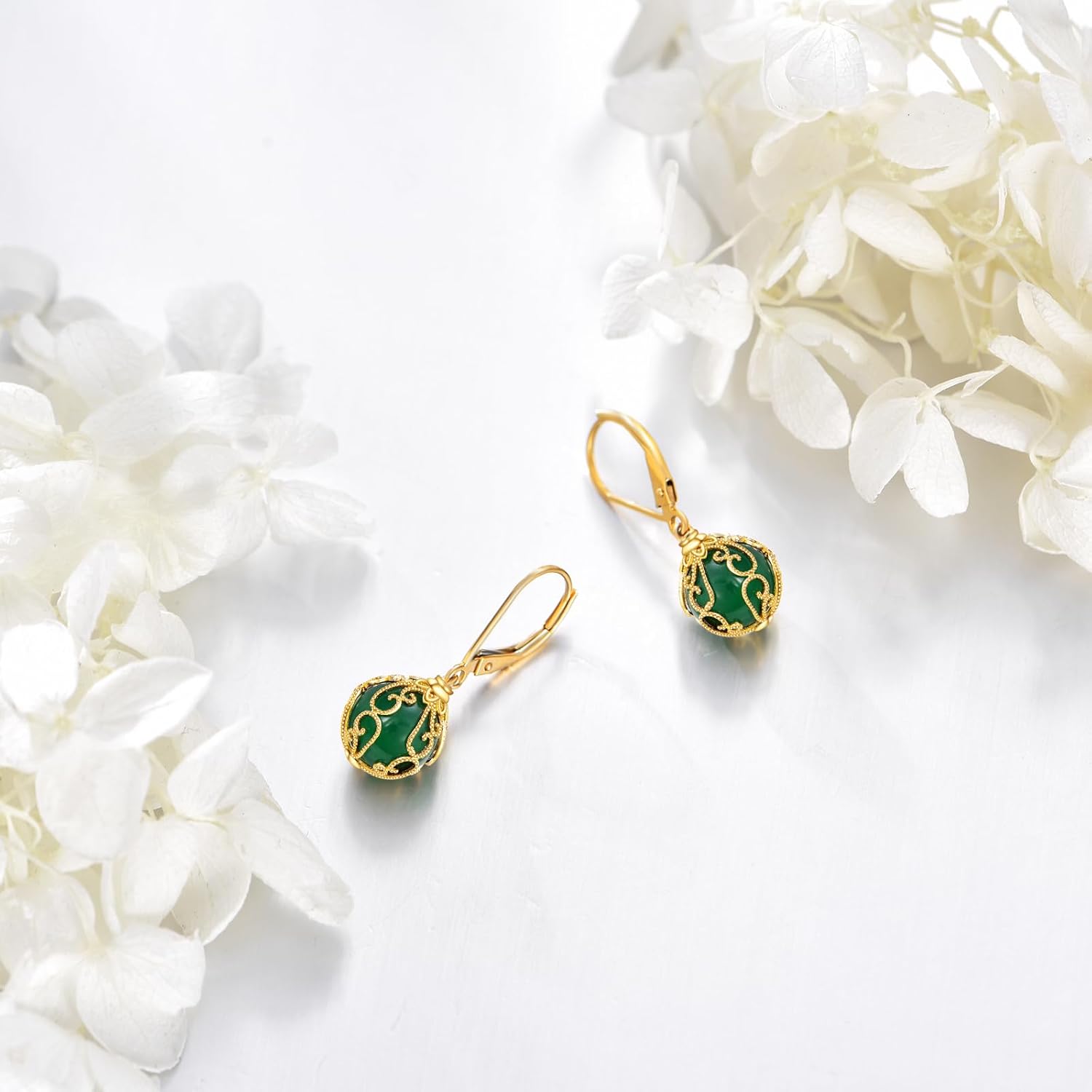 14K Gold Filigree Green Round Dangle Drop Earrings for Women, Austrian Crystal Leverback Jewelry Gifts - Image 4