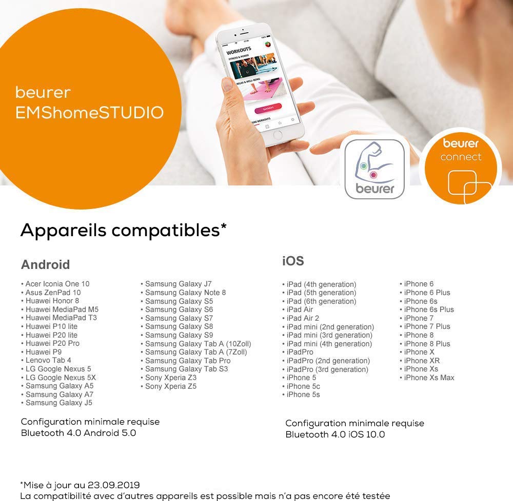 Beurer EM 95 EMS homeSTUDIO électrostimulateur musculaire, appareil d'entraînement EMS haut de gamme pour la maison avec app et Virtual Coach, brassards et électrodes inclus