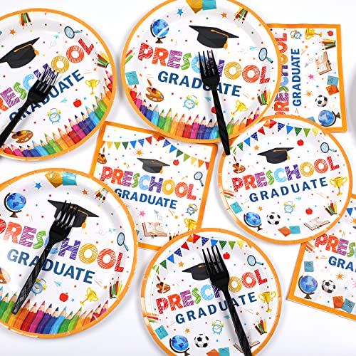 Image of Preschool Graduation Party Supplies Pre-K Grad Tableware Set Kindergarten Graduation Plate Napkin Kindergarten Disposable Paper Dinnerware Kit for Graduate Party decoration Favor 24 Guest (White)