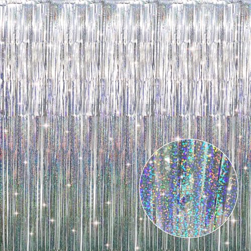 Image of GOER 3.2 ft x 9.8 ft Metallic Tinsel Foil Fringe Curtains for Party Photo Backdrop Wedding Decor (1 Pack, Shiny Silver)