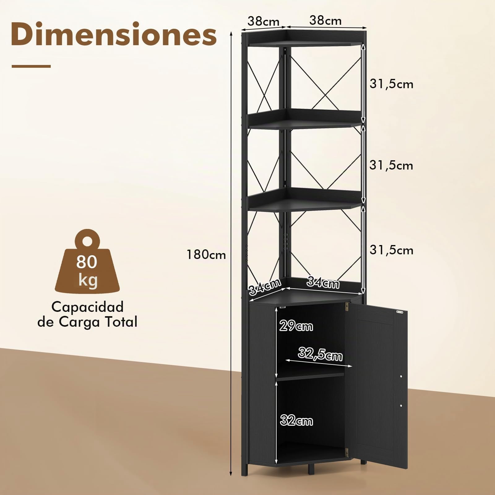 COSTWAY Estantería Esquinera de 5 Niveles, Armario Esquinero con Puerta, Estantería Librería Salón Oficina Dormitorio, 38 x 38 x 180 cm, Industrial (Negro)