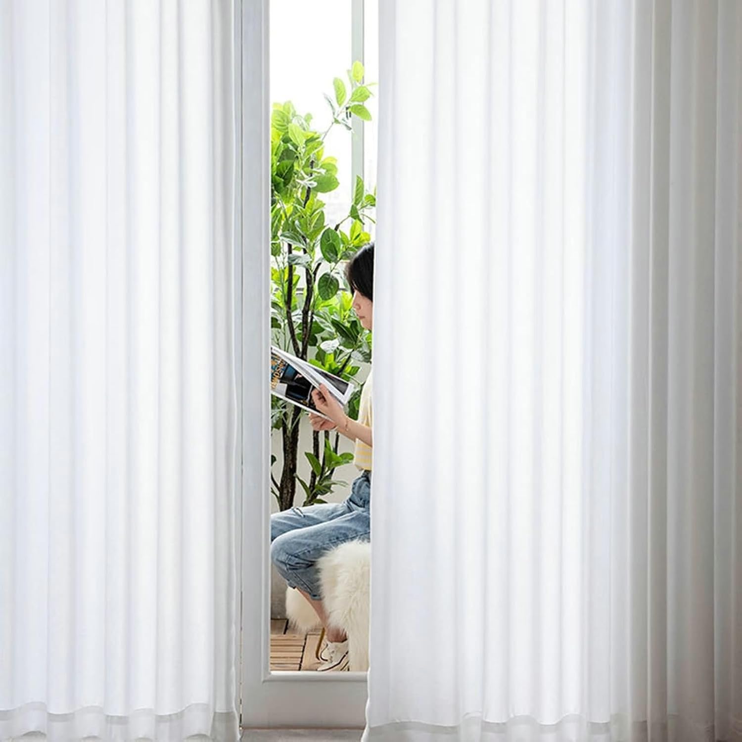 Daesar Living Room Curtains 2 Panel Sets, Polyester Hook Sheer Curtains 52" W x 84" H Drapes Translucent Solid Color White Transparent Curtains for Bedroom