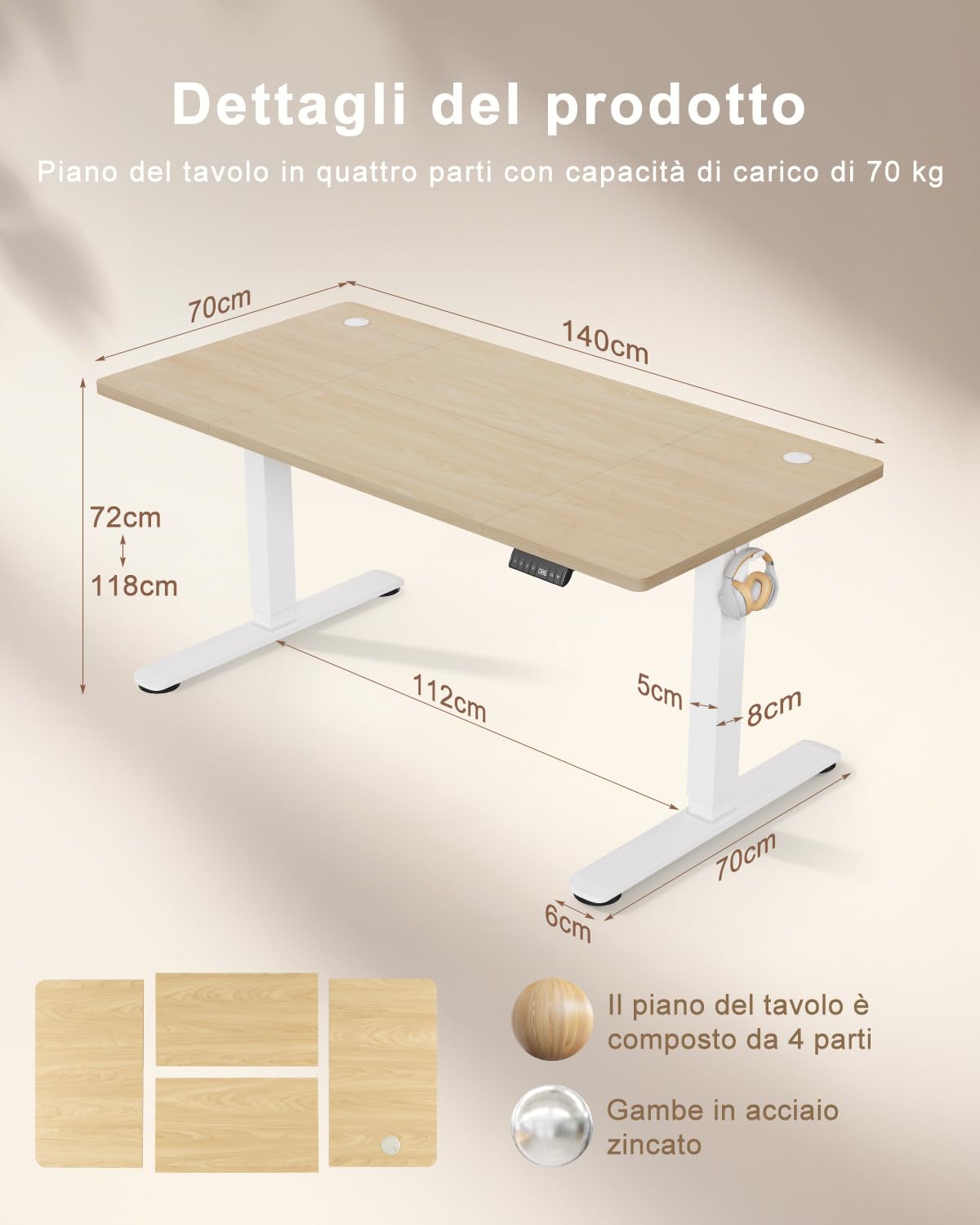 TRIUMPHKEY Scrivania Elettrica Regolabile in Altezza,140 x 70 cm Scrivania per Computer,Presa USB, Controllo Memoria, Scrivania, Altezza Regolabile, Anti-collisione, Tavolo da Computer,Beige