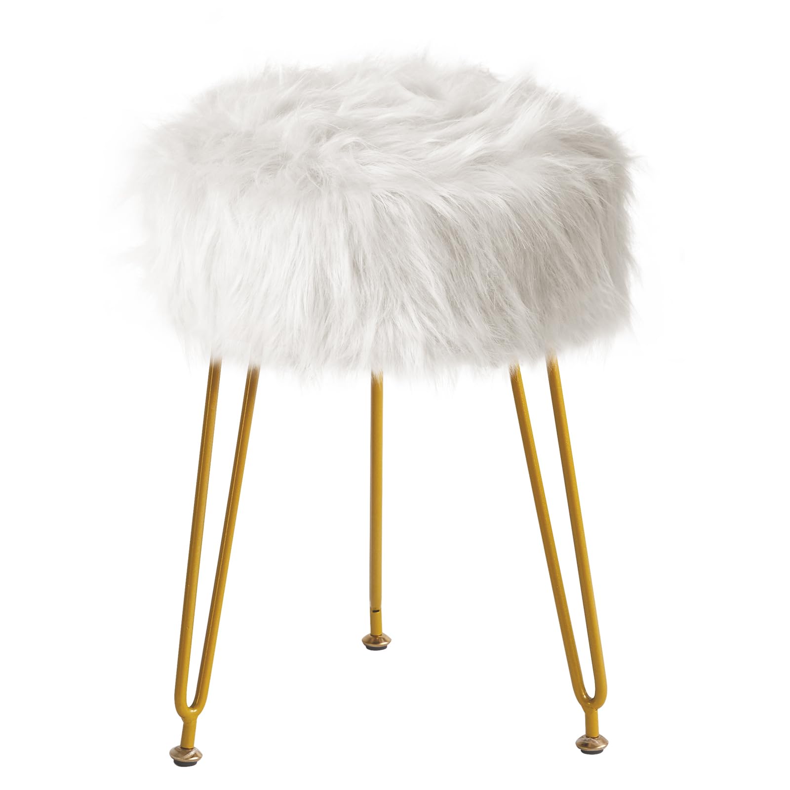 IBUYKE Faux Fur Vanity Stool Chair, Furry Makeup Stool Ottoman, Soft Padded Seat, Round Footrest with 4 Metal Legs, for Living Room Entryway, White LG-32W