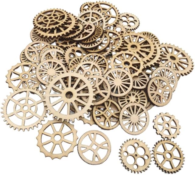 Amosfun Unfinished Wooden Cutouts Gear Shape Wood Discs Slices Embellishments for Craft DIY Decoration 50pcs