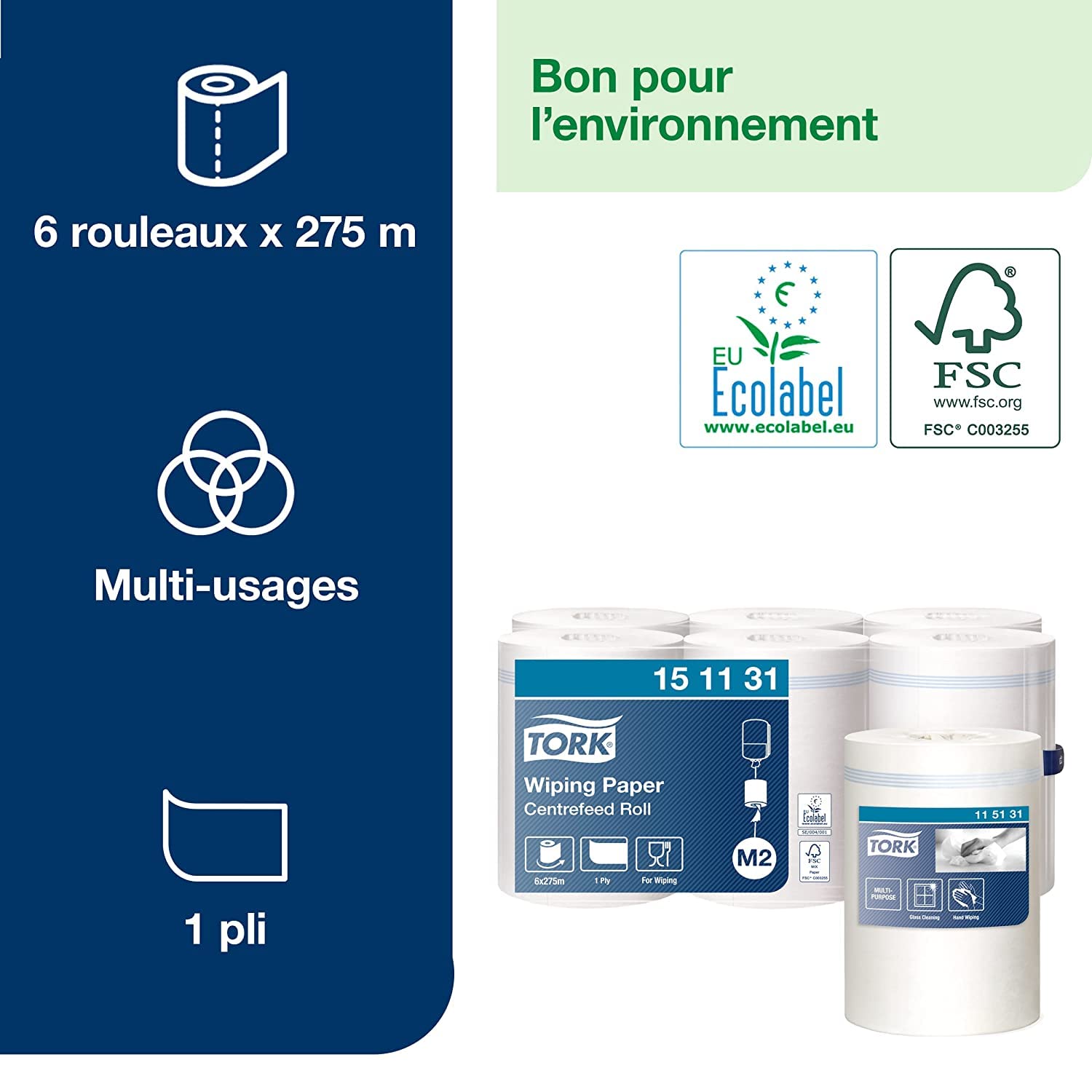 Tork Papier d'Essuyage à Dévidage Central blanc M2, Absorbant, 6 bobines, 151131, 6 x 275m x 21.5