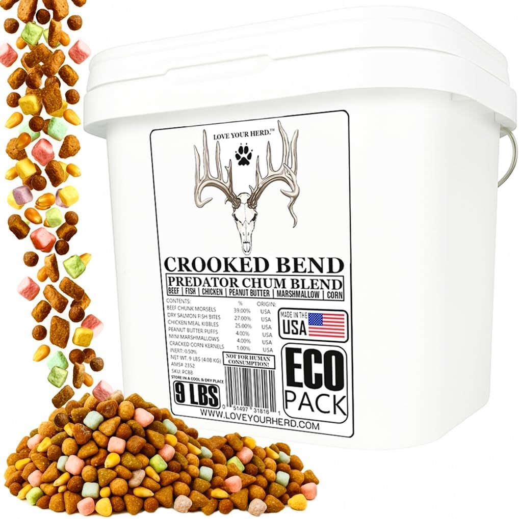 Crooked Bend Predator Chum Blend, Lure Coyote, Raccoon, Opossum, Fox, Skunk, Mink, Weasel, Bobcat, Weasel, Black Bear, Feral Cat, Wild Dog, Hog & Bait Wild Game Animals, 9 Pounds