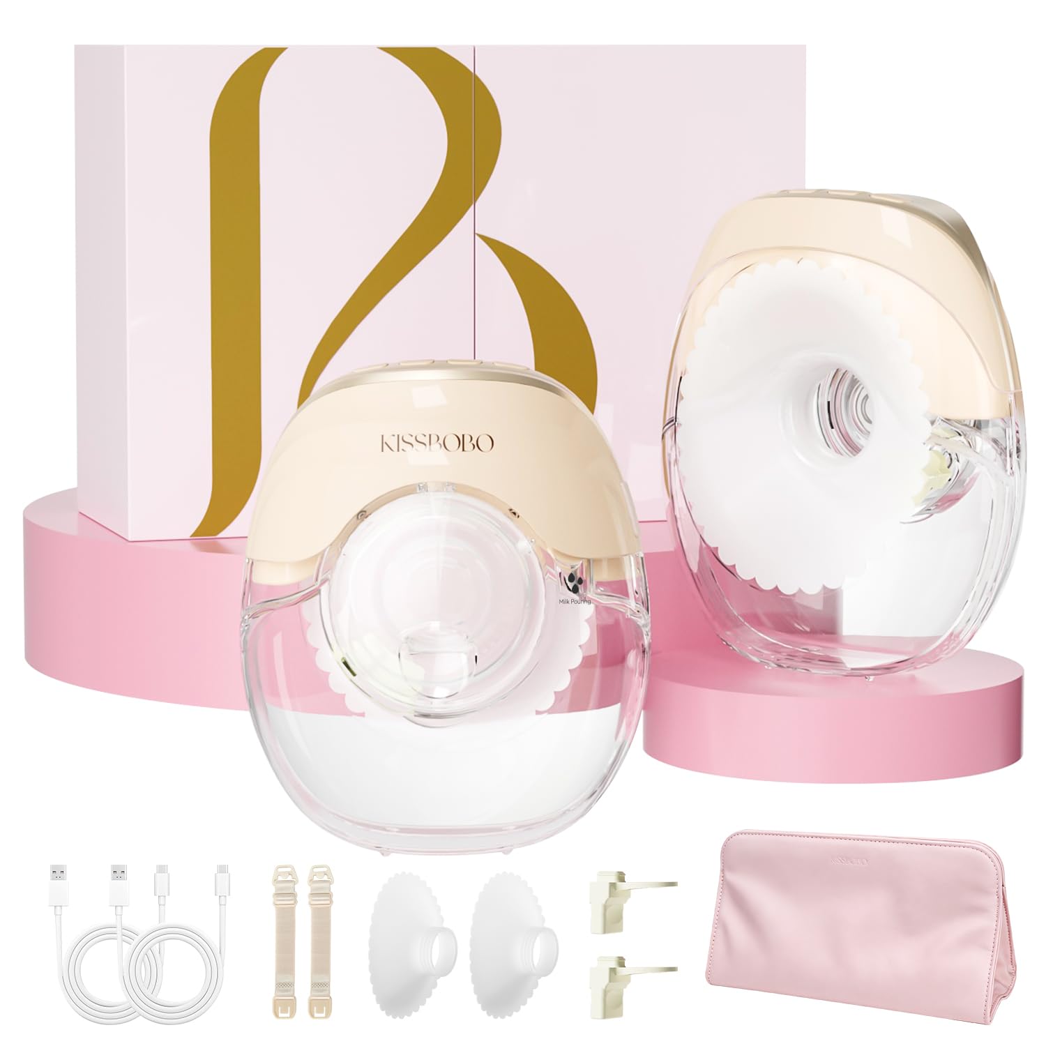 KISSBOBO Coffret cadeau Tire Lait Electrique Ultra plat | 3 Modes 8 Niveaux, Main Libre Double, super silencieux pour un pompage discret (Crème 2 Pièces)