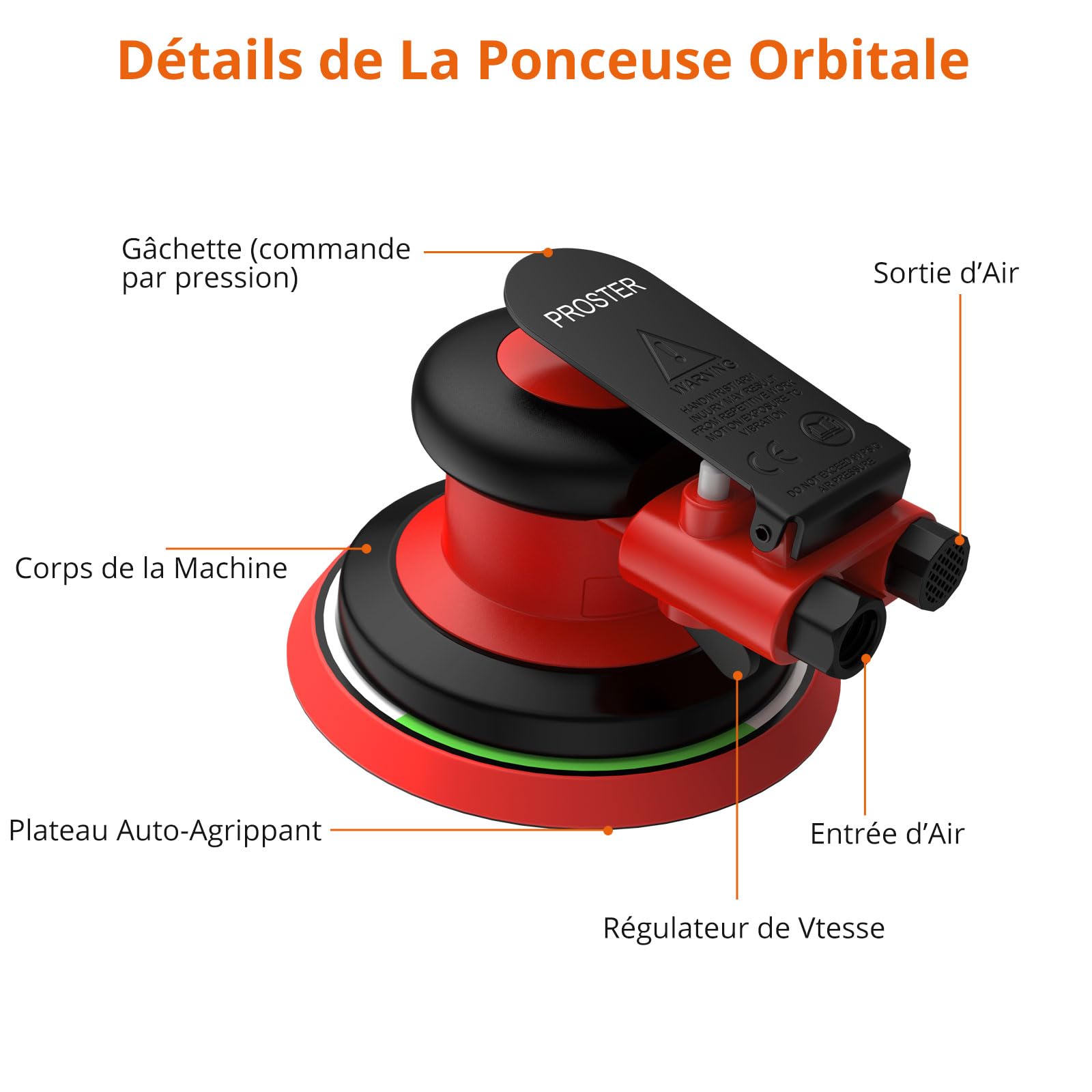Proster Ponceuse Excentrique Pneumatique 150mm 12000 RPM – Ponceuse Orbitale pour Carrosserie Réglage de Vitesse, avec 20 Disques Abrasifs, pour Carrosserie, Bois et Métal