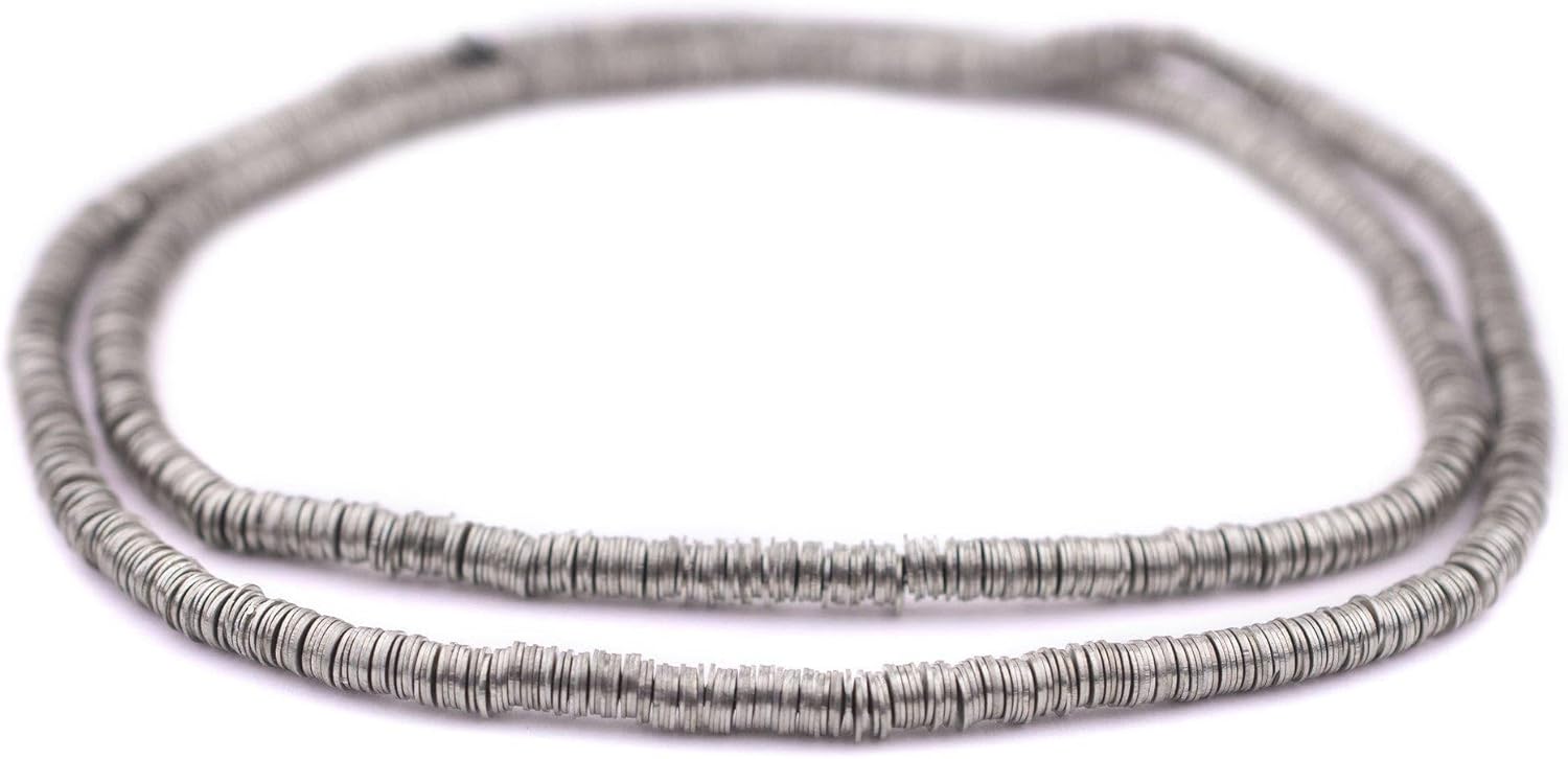The Bead Chest Antique Silver Flat Disk Heishi Beads (4mm), 24" Strand, Handmade for Jewelry Making & Crafts | Approximately 1200 Beads