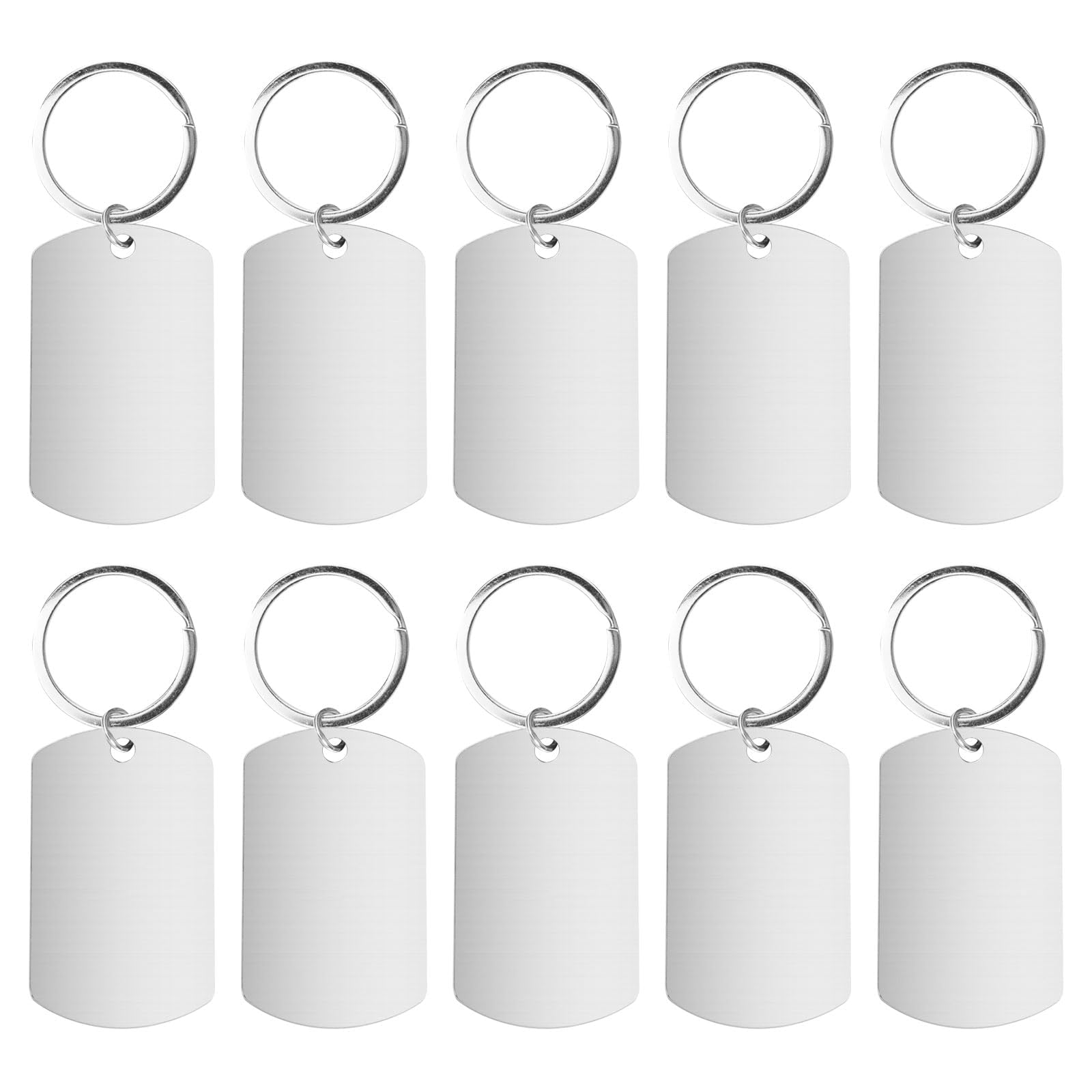 10 Pieces Stainless Steel Rectangular Blank Tags, Silver Keyring Blanks Set, One Hole Tag with Key Rings for DIY and Craft, Engravable