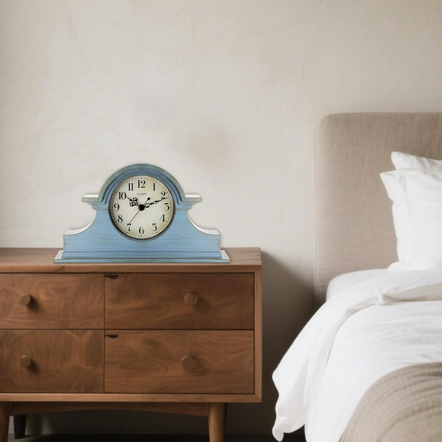 OCEST Vintage Farmhouse Mantel Clock - 13 x 7 Inch Quartz Gilt Finish Battery Operated, Plastic Napoleon Classic Desk & Shelf Décor for Living Room Office Tabletop Bedroom (Azure Blue)