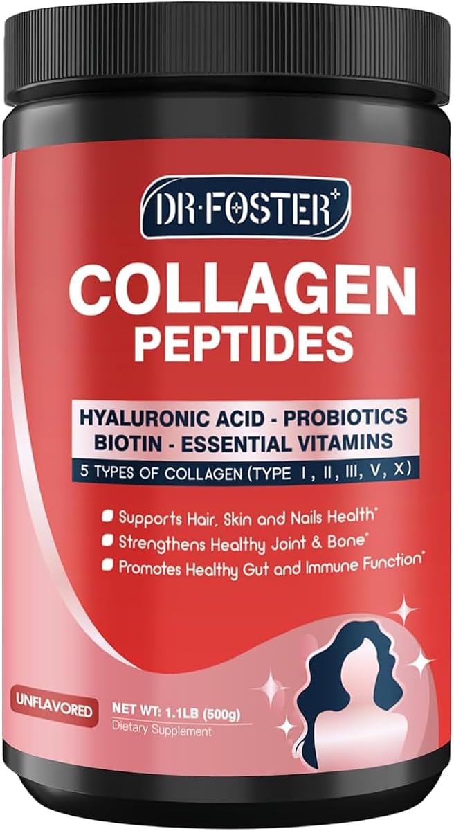 DRFOSTER Multi Collagen Peptide Powder with Probiotics, 50 Servings | Hydrolyzed Collagen Peptides with Hyaluronic Acid, Biotin & Multivitamins, Supports Skin Hair Nail & Gut