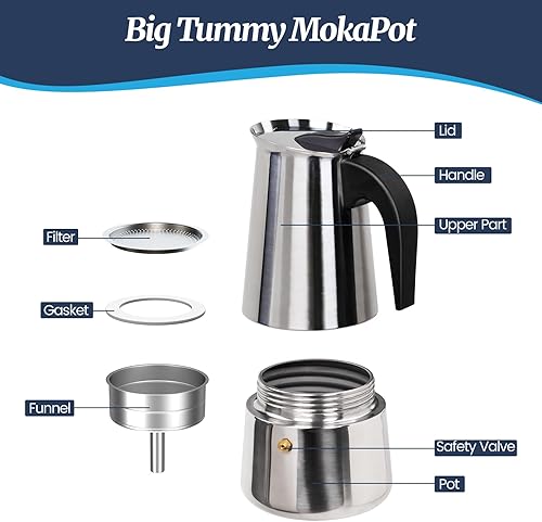 Miniatura 3 de Olla de acero inoxidable para 2 tazas de café expreso italiano, cafetera para estufa, cafetera de moca, cafetera greca para estufa de inducción,