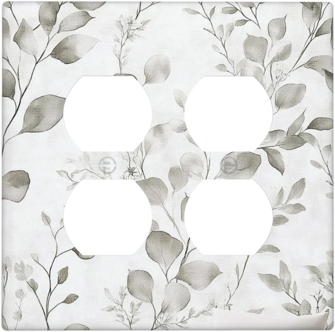 Outlet Covers Grey Floral Boho Eucalyptus Leaf 2 Gang Double Duplex Decorative Light Switch Covers Electrical Wallplates Socket Faceplate For Farmhouse Home Decor