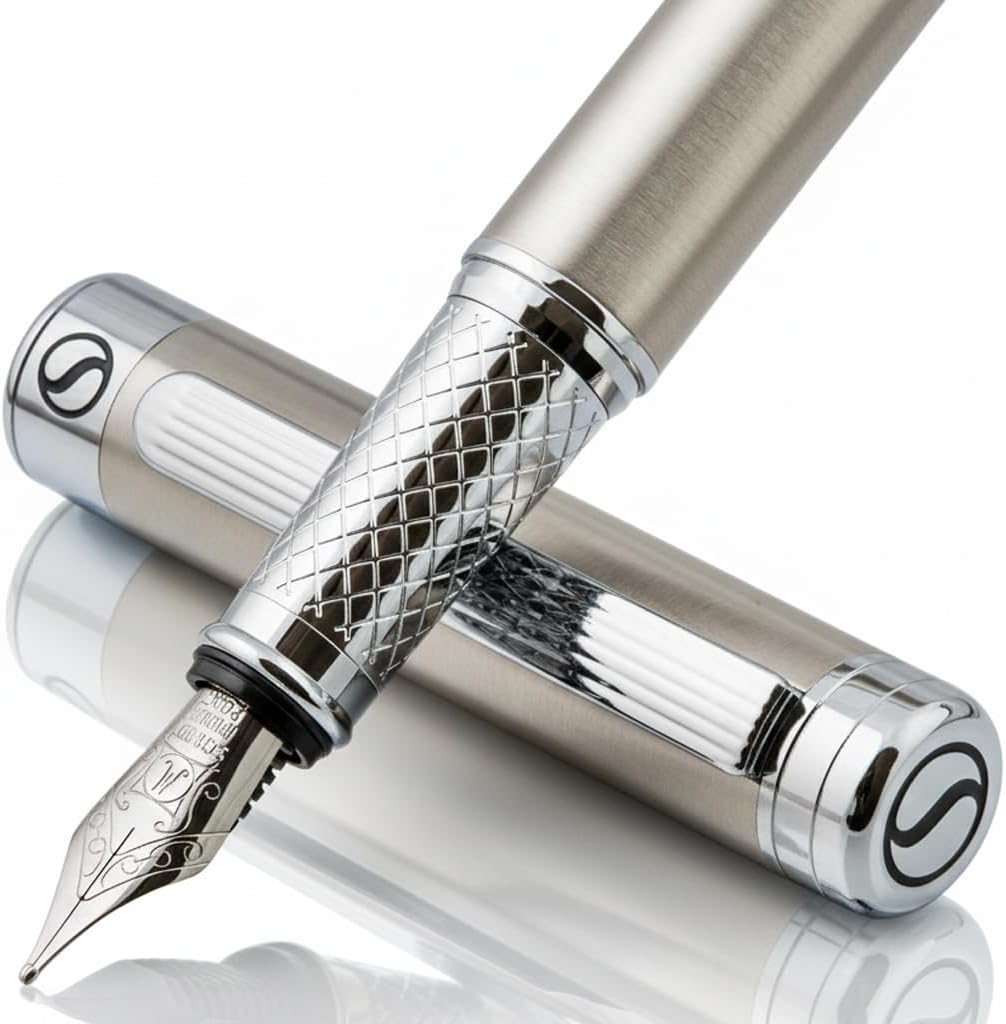 Scriveiner Stainless Steel Fountain Pen - Stunning Luxury Pen with Steel Finish, Schmidt Steel Nib (Medium), Pen Gift Set for Men & Women, Professional, Executive Office, Nice Designer Pens