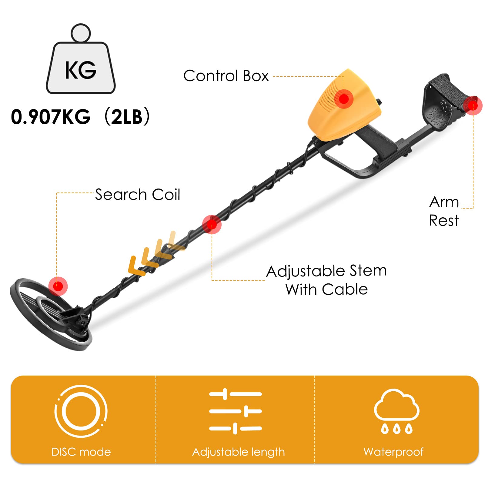 Détecteurs de Métaux Haute Précision Hauteur Réglable 78-108cm, Professionnel Détecteurs de Métaux Bobine de Recherche Étanche de 25 cm avec pour Enfants et Adultes
