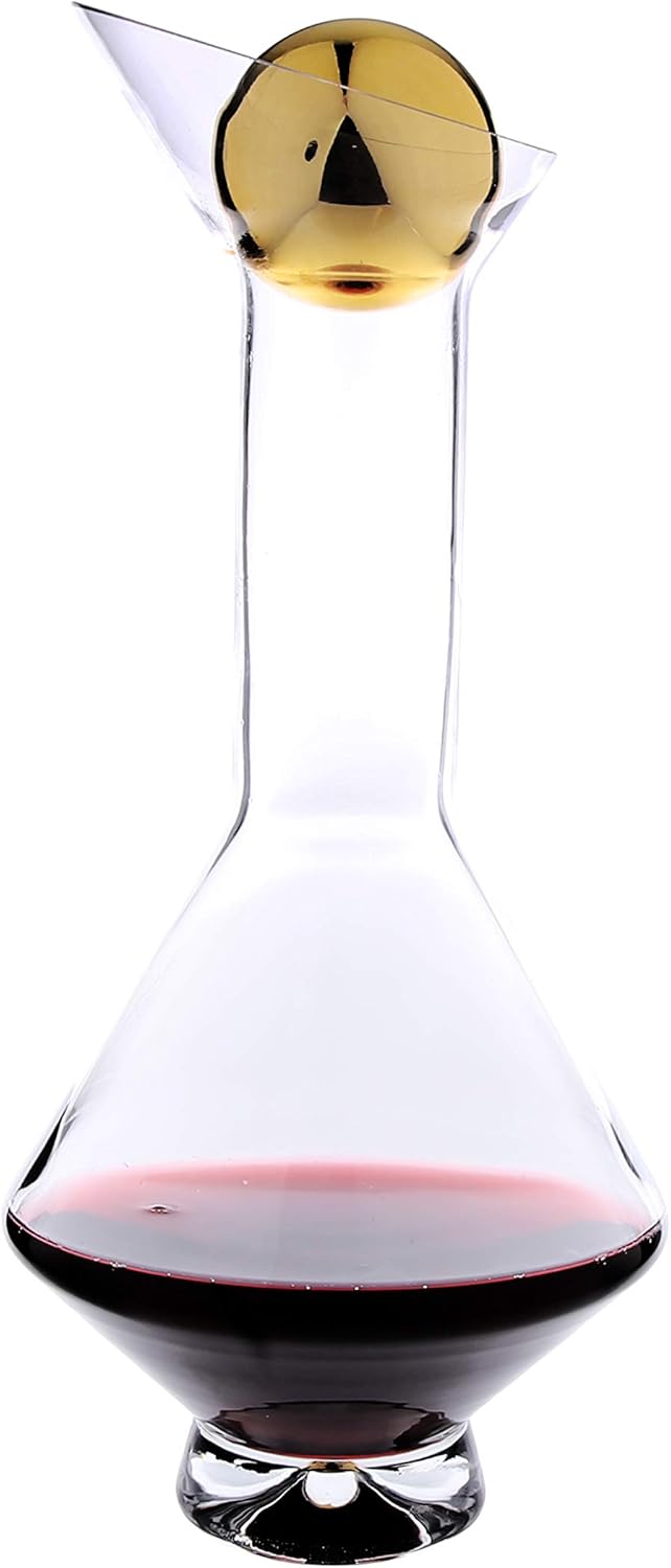 Glass Diamond Shaped Wine Decanter with Gold Lid, Fills 41 oz.