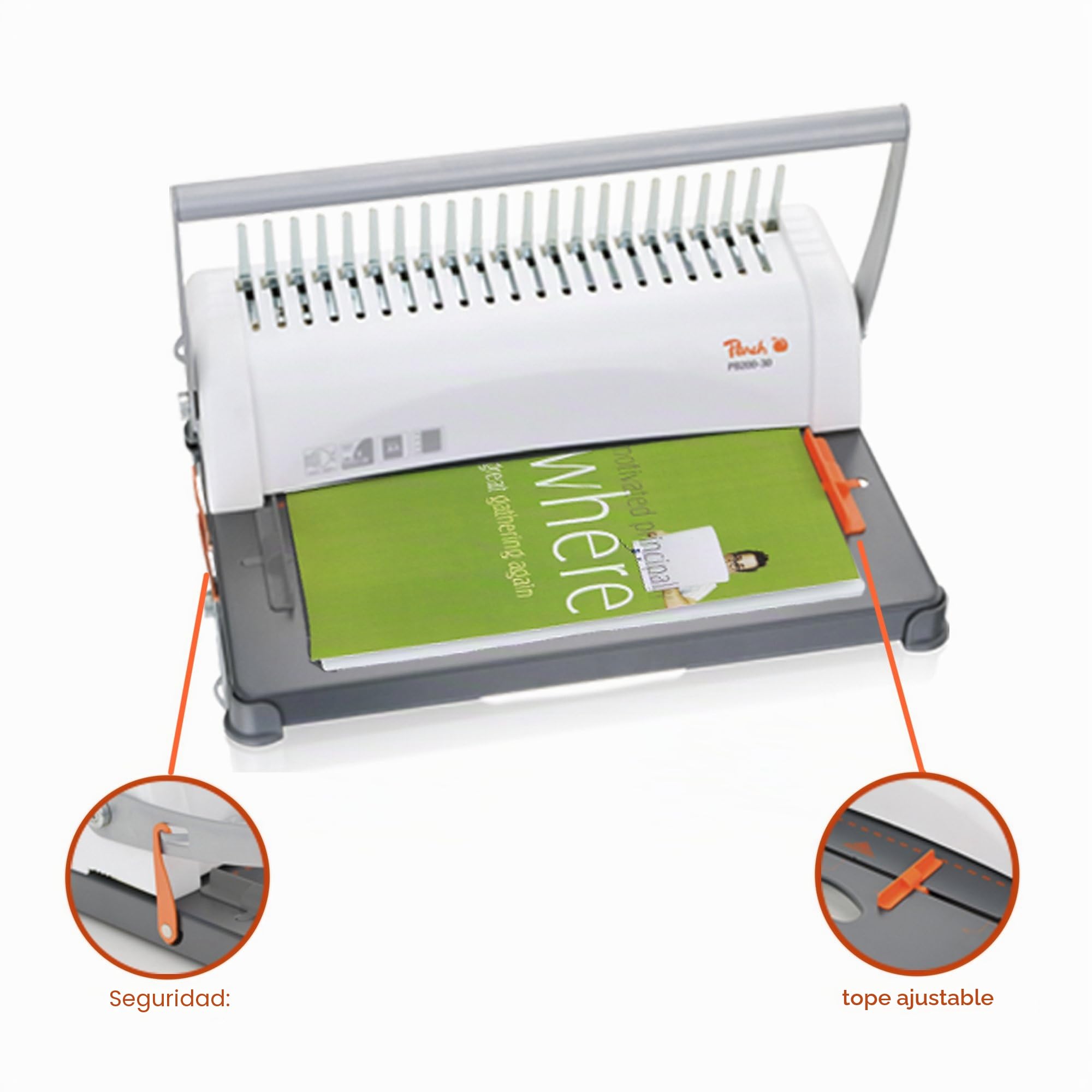 Peach Encuadernadora para plástico PB200-30 | Star Binder Pro - formato A4 | ganador de precio-rendimiento | encuaderna 350 hojas | canutillo máx. 38 mm. Capacidad de perforación 12 hojas. Incluye set inicial de 15 piezas