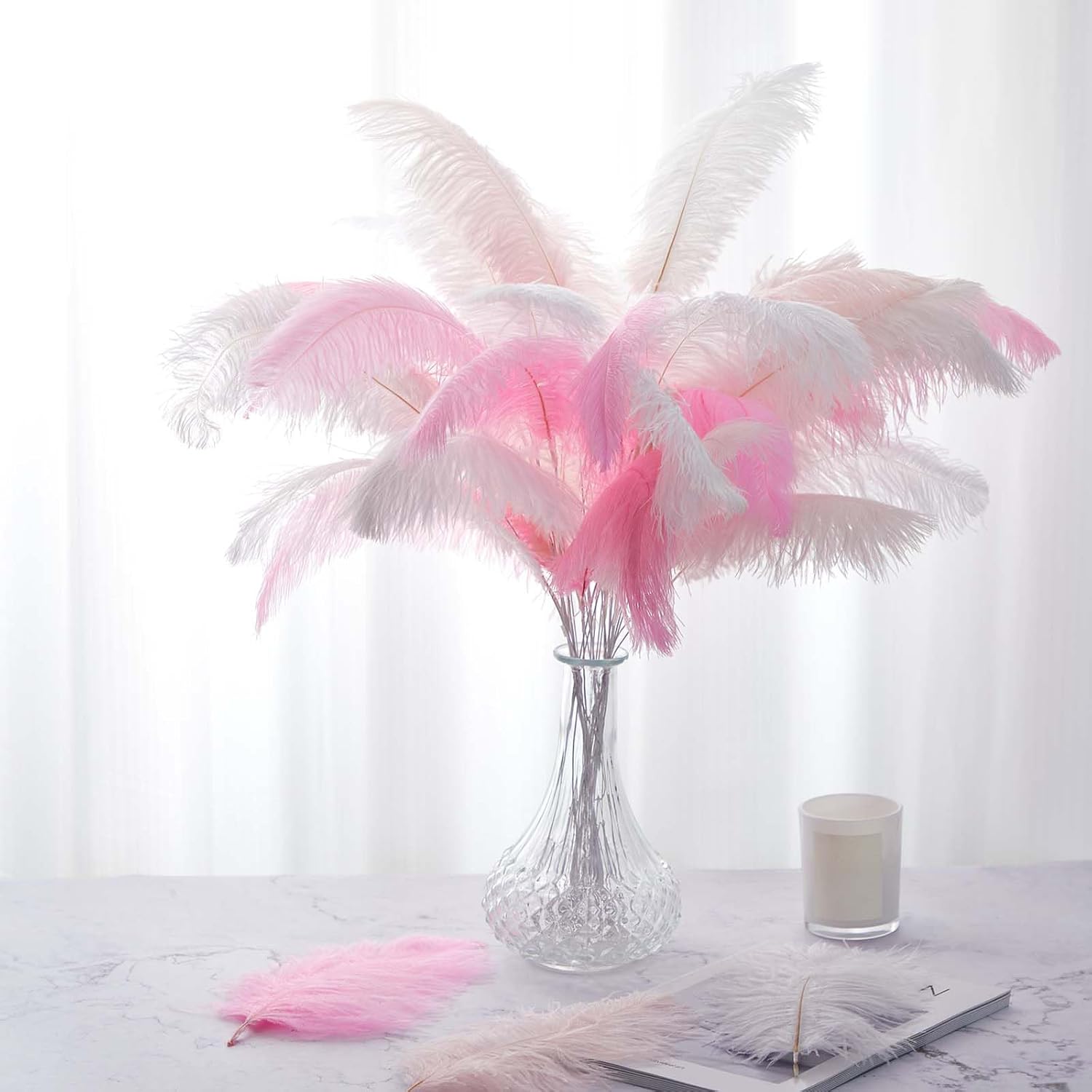 Juexica 80 Set Natural Ostrich Feathers Bulk with Iron Wire for Centerpieces Boho Large 10 to 12 Inch Feathers for Vase Wedding Party Floral Arrangement Home Decorations (Pink, Light Pink, White)