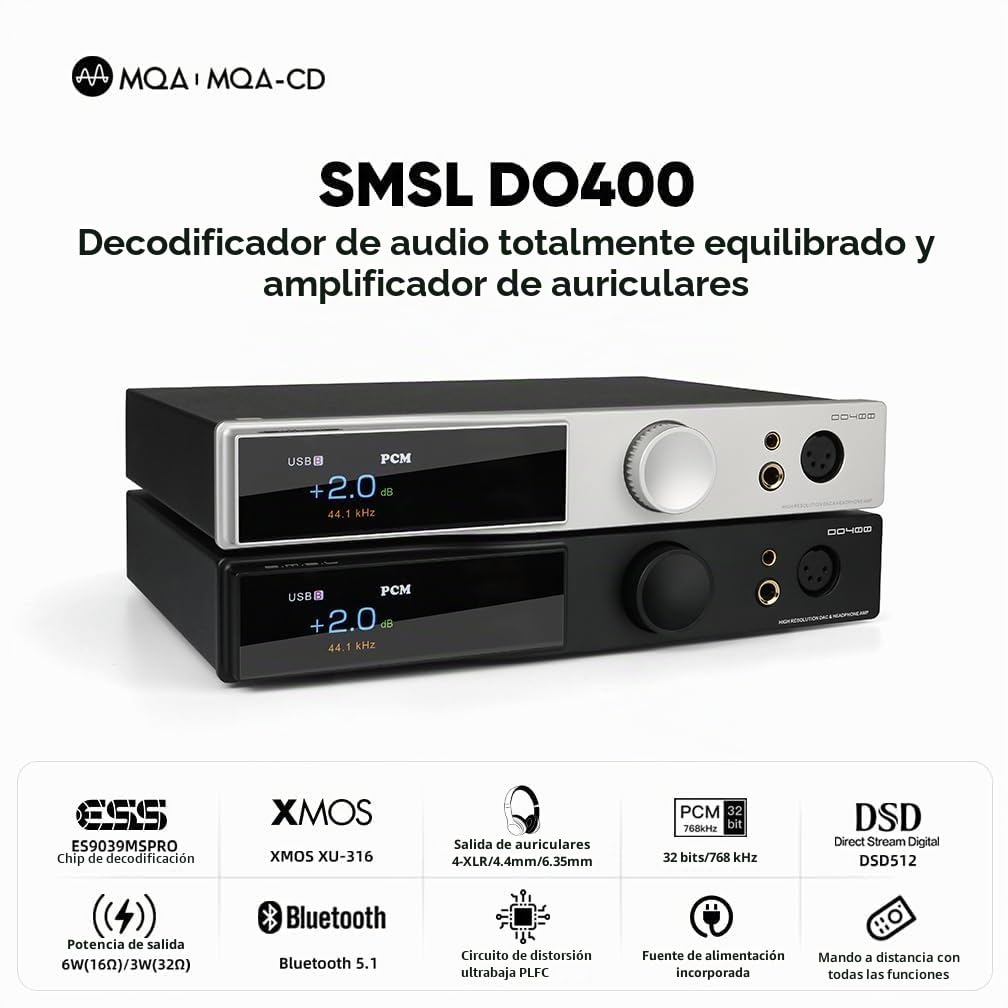 SMSL DO400 MQA-CD Amplificador de auriculares DAC: ES9039MSPRO 11x OPA1612 XU316 DSD512 DAC, Bluetooth5.1 LDAC, Ampli de auriculares Balanceado PLFC 6000mW 4,4mm/6,35mm/4-XLR, HIFI Preamp DAC, Negro