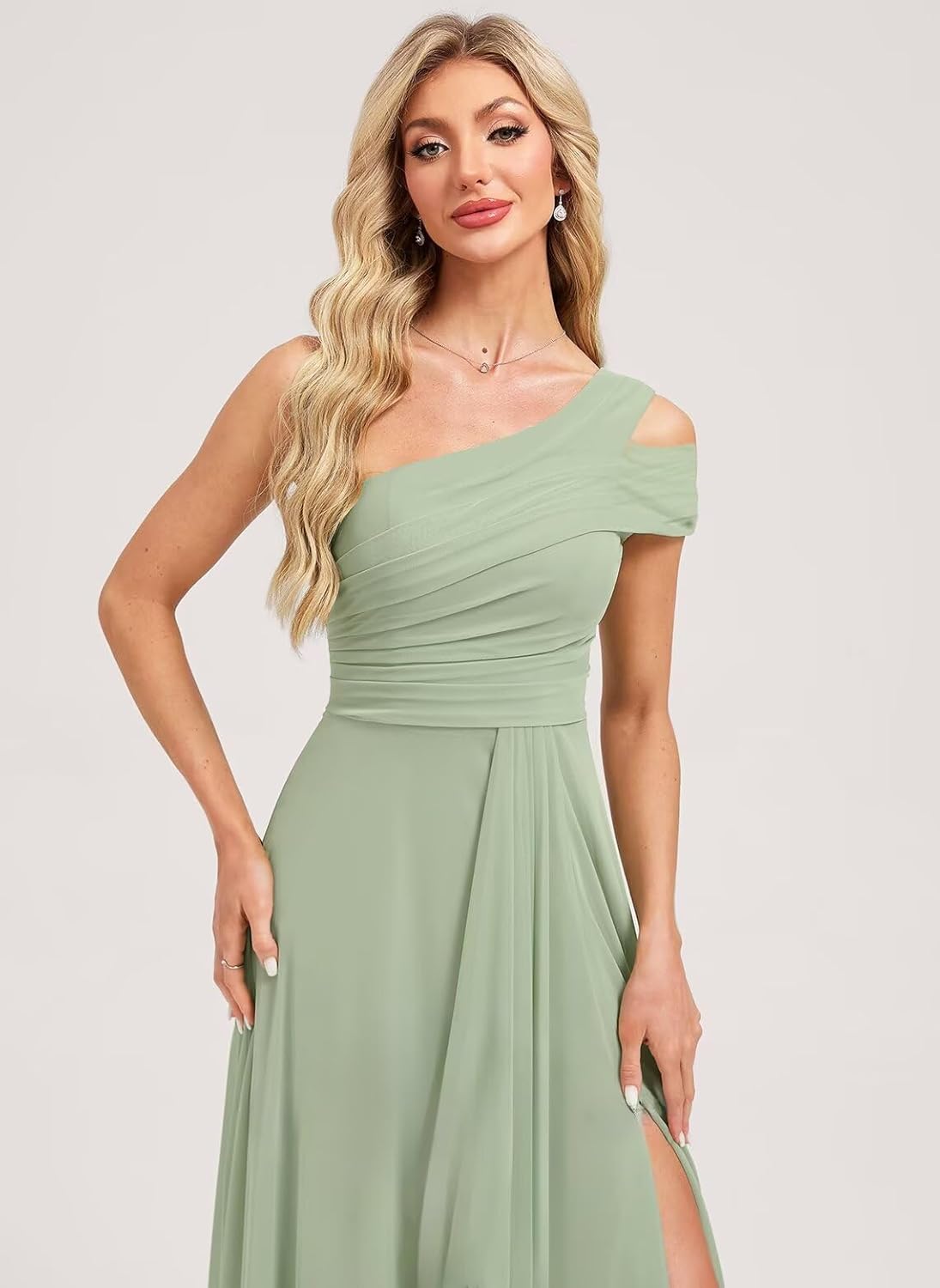 One Shoulder Pleated Bridesmaid Dresses for Women Long with Ruffle Slit Sleeveless Chiffon Formal Dress with Pockets - Image 4