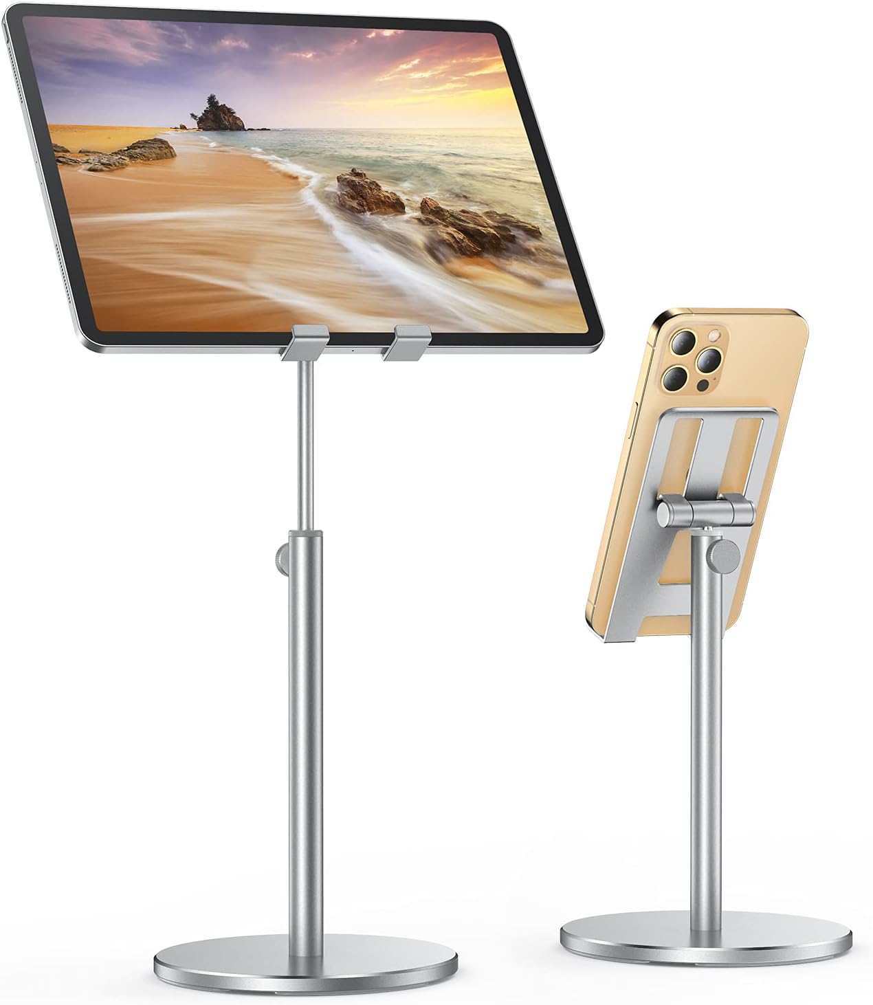LISEN Tablet Stand, Upgraded Stable iPad Stand Holder All Aluminum Alloy, Angle Height Adjustable iPad Holder for Desk Case Friendly for 4.7"-12.9" Phones/iPad/Tablets/Switchs/Kindles/E-Reader-Silver