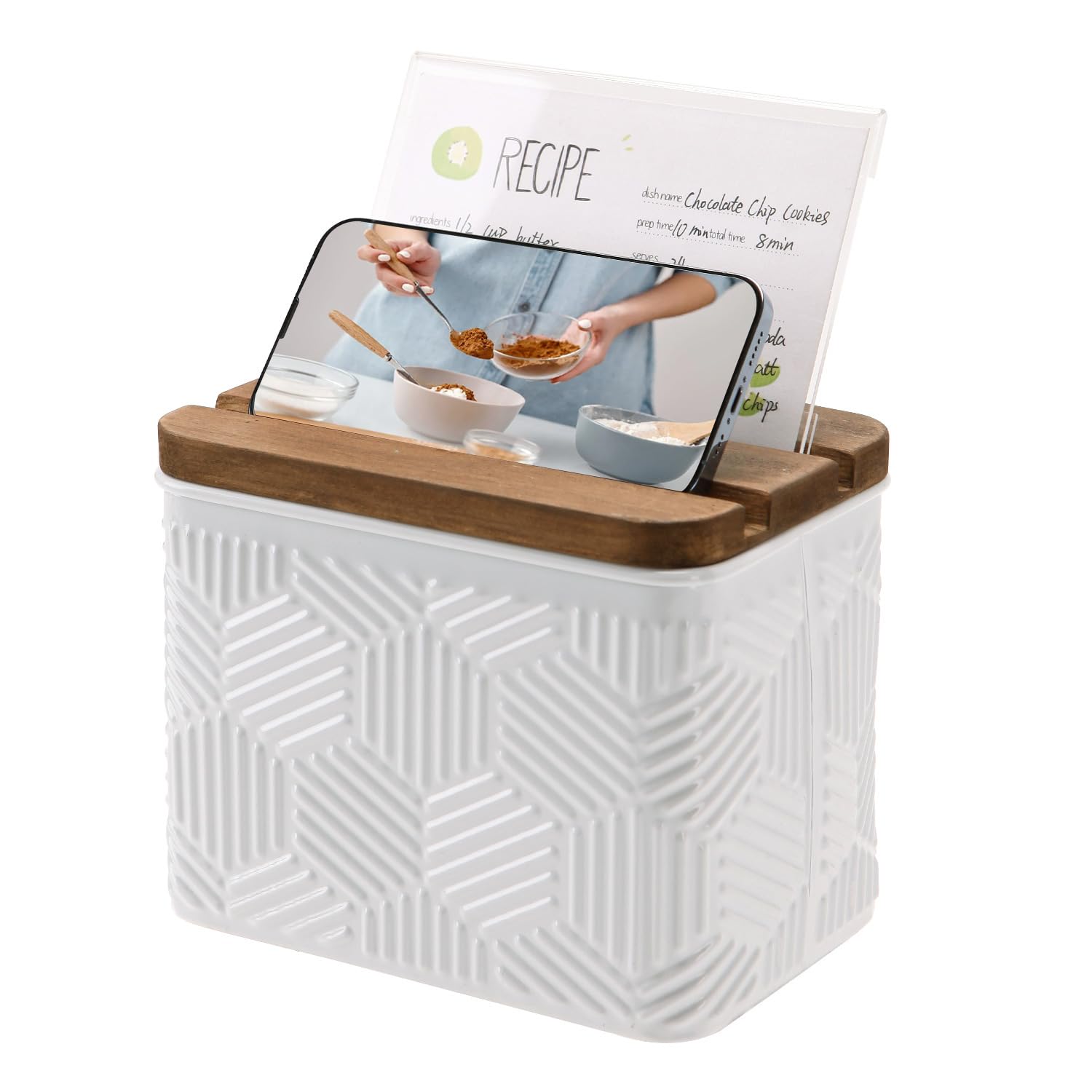 NIKKY HOME Kitchen 4x6 Metal White Recipe Box with Cards, Dividers and Phone Holder, Hexagon Stripe Embossed Pattern