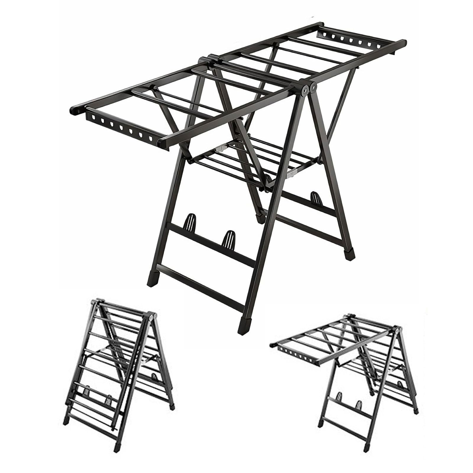 BCJMKDX folding clothes horse, 2-Tier Folding Laundry Drying Rack With Height-Adjustable Wings, Aluminum Floor Clothes(Upgraded,140cm black)