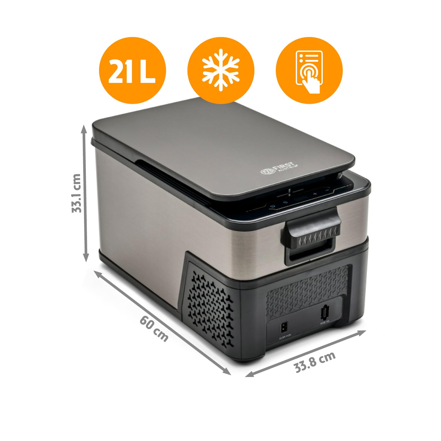 TZS First Austria Kompressor-Kühlbox 21L - bis -20°C - 46 dB - 12V 24V 230V - Anti-Fingerprint - für Auto Camping Reise - Dark Steel