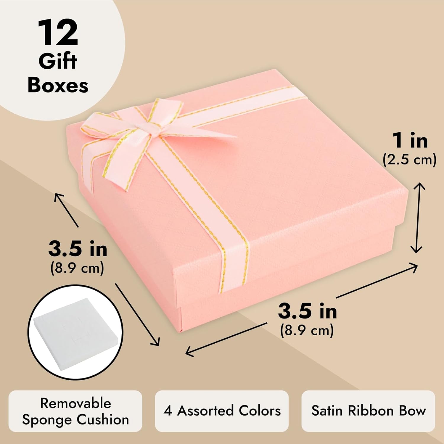 Bright Creations Cardboard Jewelry Gift Box Set - Bulk Gift Boxes with Lids & Ribbon Bows - Packaging for Rings & Necklaces - Earring Case & Bracelet Cases - Pack of 12, 3.5 x 3.5 x 1 in, 4 Colors