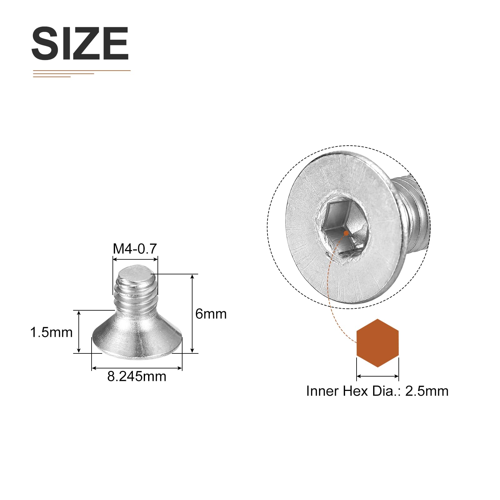 DTGN M4-0.7 x 6mm Flat Head Socket Cap Screws, 80 Pack 304 Stainless Steel Hex Socket Flat Head Screws, Full Thread, Countersunk Bolts - Image 2