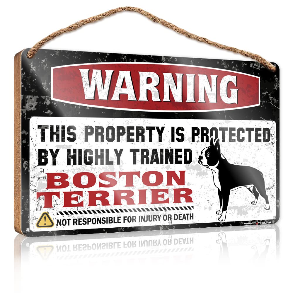 YYHLEH Home Sweet Home Signs Wall Decor Warning This Property Is Protected By A Highly Trained Boston Terrier Wooden Sign(15X28CM)