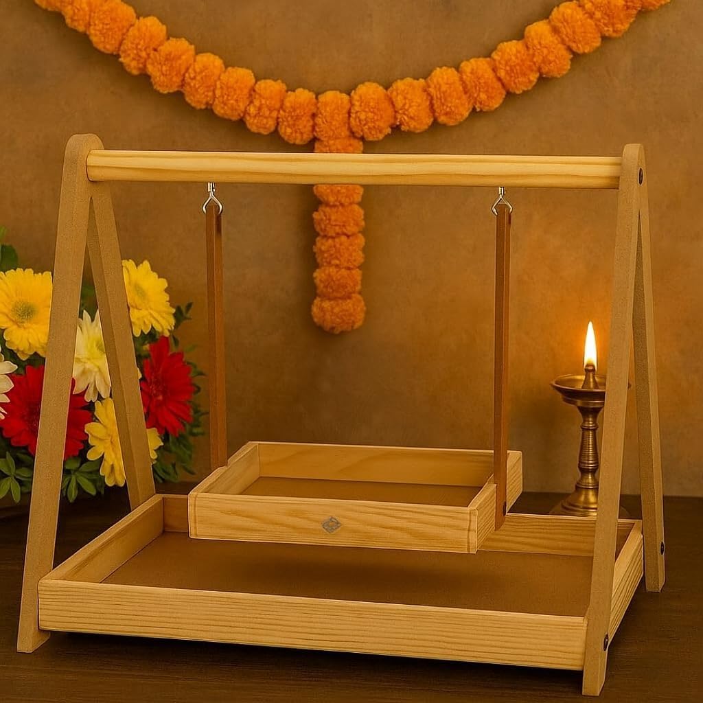 SATYAM KRAFT 1 Set Premium Wooden Folding/Foldable Jhula Swing for Krishna Janmashtami | Traditional Palna for Laddu Gopal, Kanhaji Pooja, Home Mandir Temple Festival Decoration (1 Set) (Wooden Jhula)-image-34
